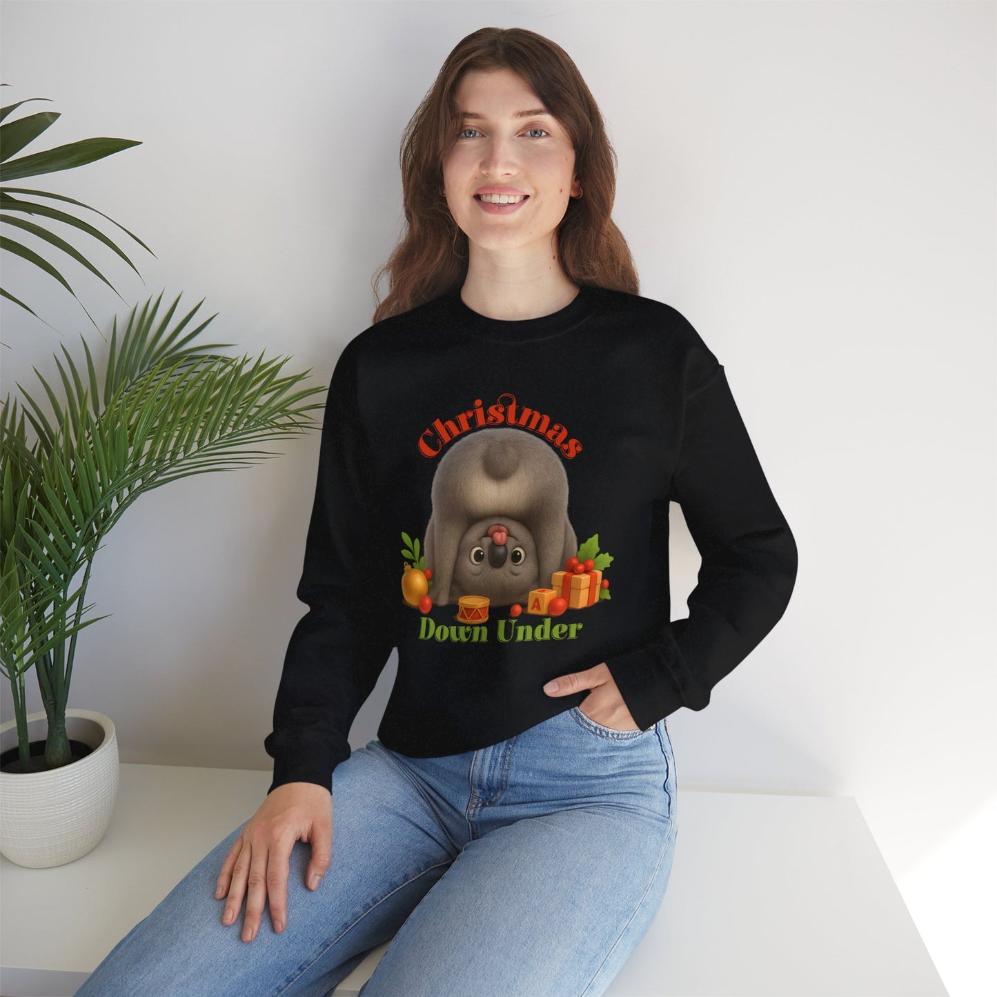 Christmas Down Under – Adult Sweatshirt | Upside Down Koala Christmas Design | Gumleaf Gang Festive Friends