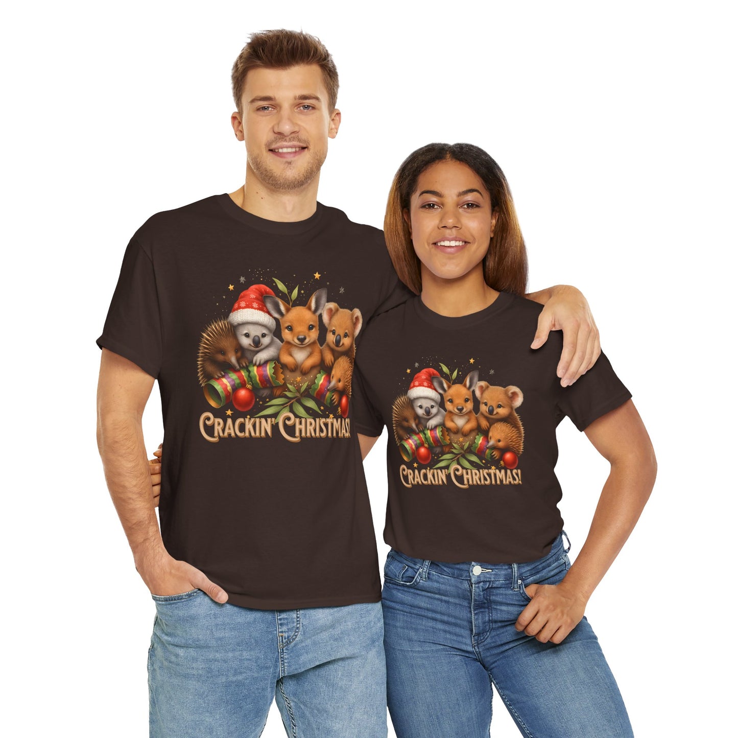 Crackin’ Christmas – Adult T-Shirt | Aussie Wildlife Koala, Kangaroo and Echidna | Gumleaf Gang Festive Friends