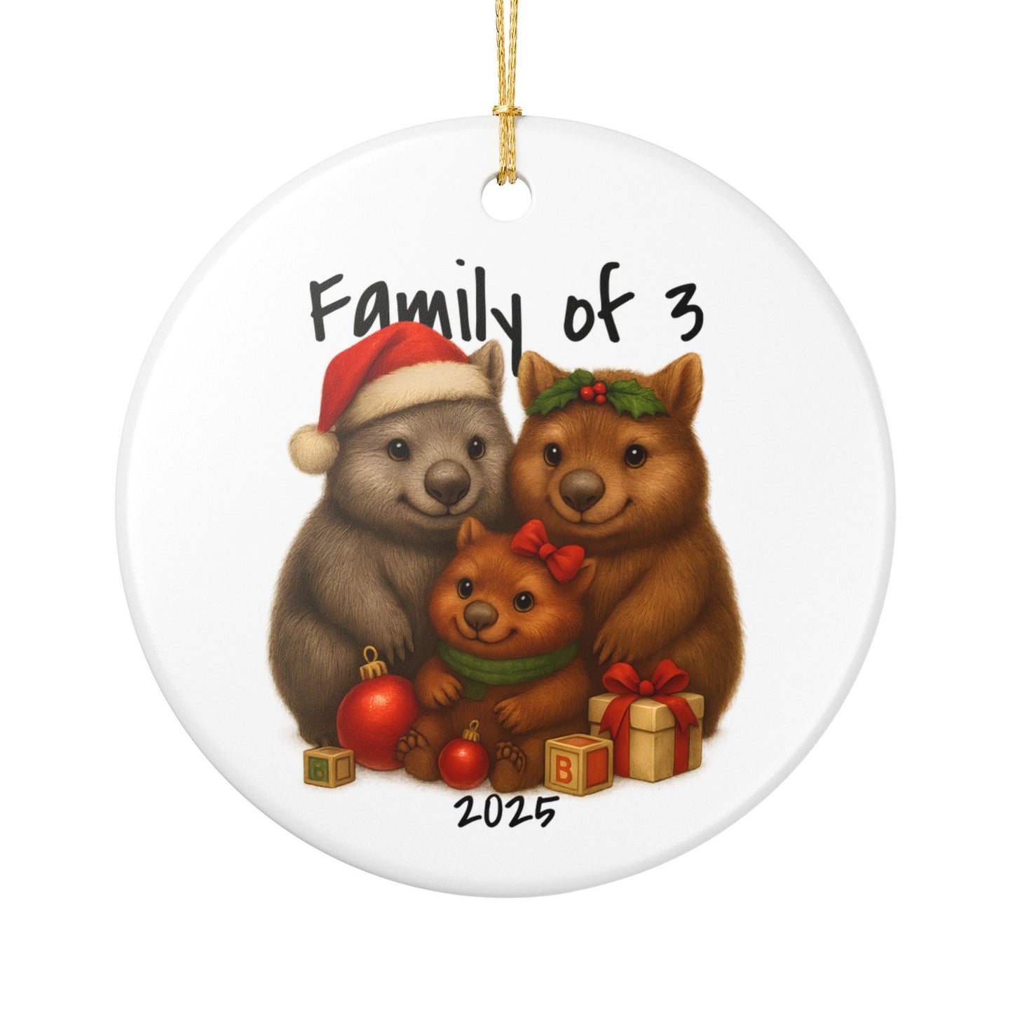 Family of 3 Australian Animal Christmas Ornament – Wombat Design – 2025 Festive Keepsake