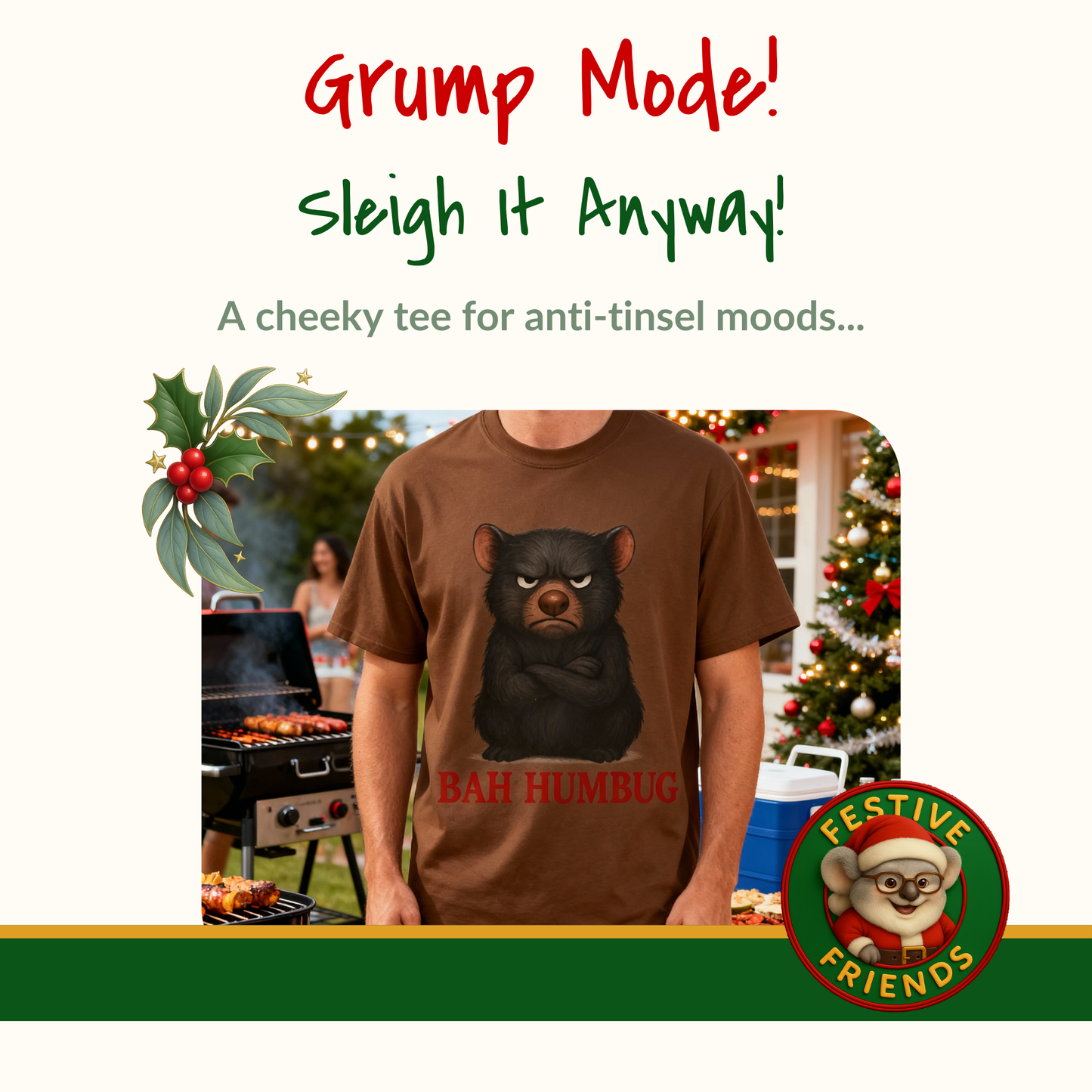 Bah Humbug Christmas – Adult T-Shirt | Tasmanian Devil Design | Gumleaf Gang Festive Friends