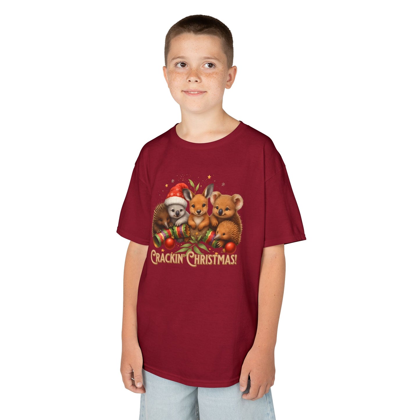 Crackin’ Christmas – Kids T-Shirt | Aussie Wildlife Koala, Kangaroo and Echidna | Gumleaf Gang Festive Friends