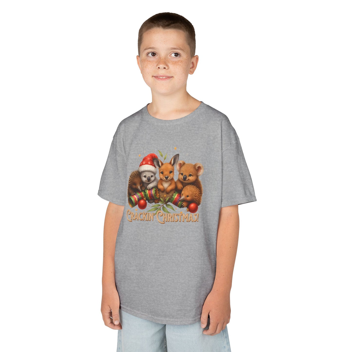 Crackin’ Christmas – Kids T-Shirt | Aussie Wildlife Koala, Kangaroo and Echidna | Gumleaf Gang Festive Friends