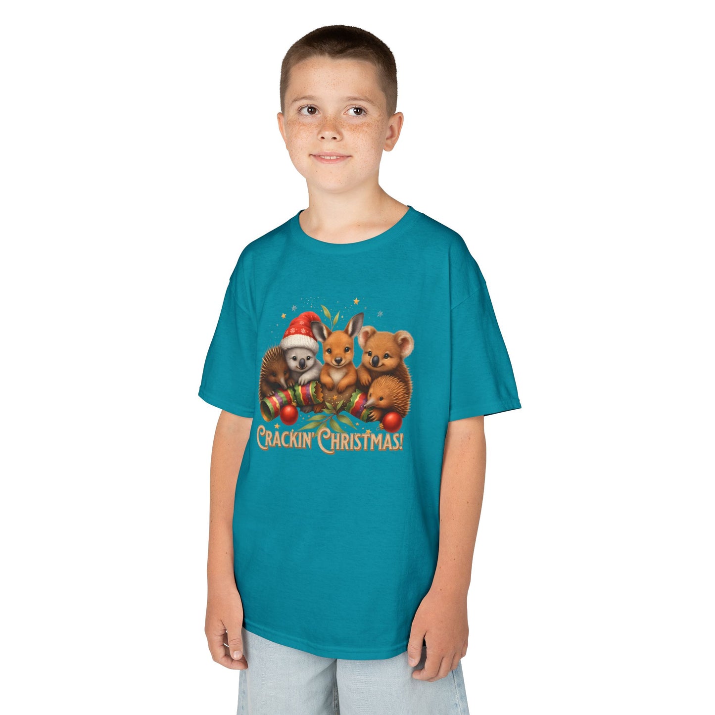 Crackin’ Christmas – Kids T-Shirt | Aussie Wildlife Koala, Kangaroo and Echidna | Gumleaf Gang Festive Friends