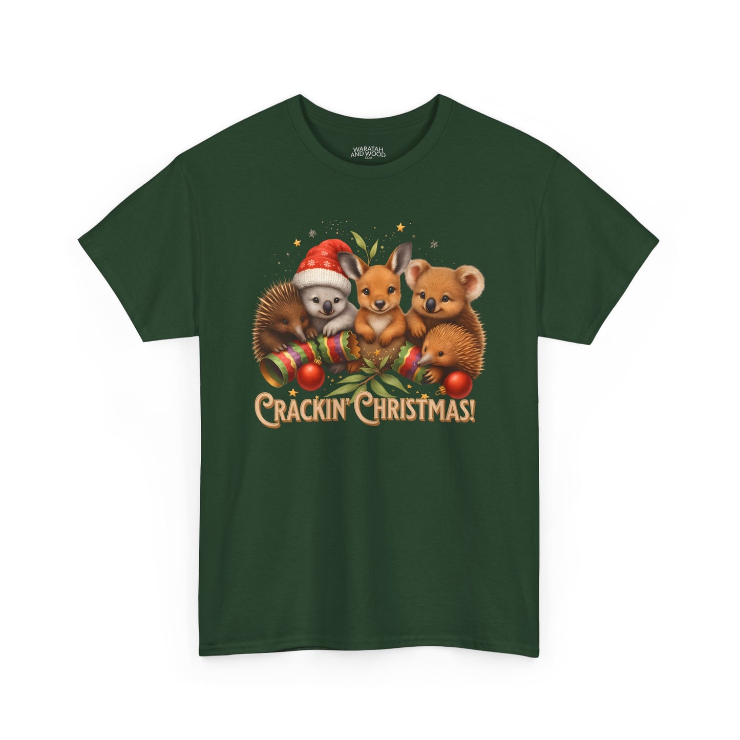 Crackin’ Christmas – Adult T-Shirt | Aussie Wildlife Koala, Kangaroo and Echidna | Gumleaf Gang Festive Friends