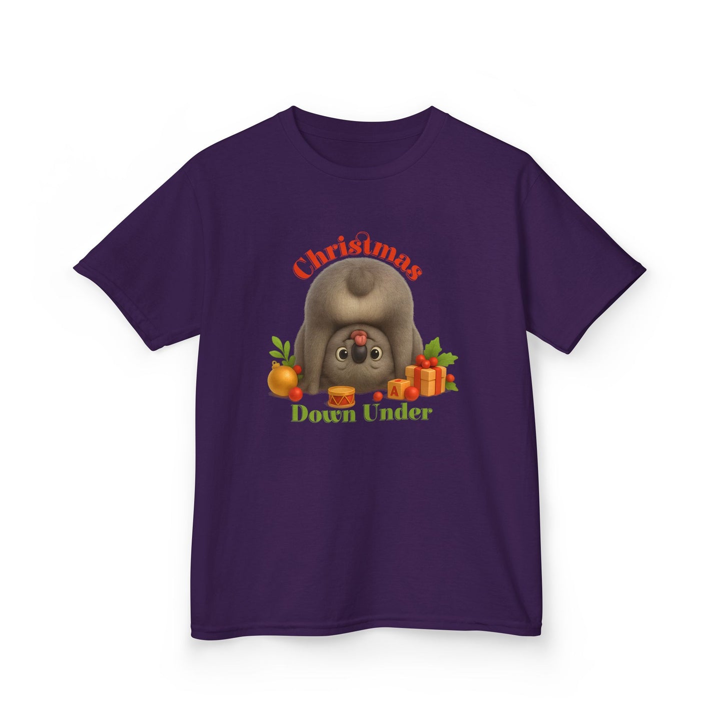 Christmas Down Under – Kids T-Shirt | Upside Down Koala Christmas Design | Gumleaf Gang Festive Friends