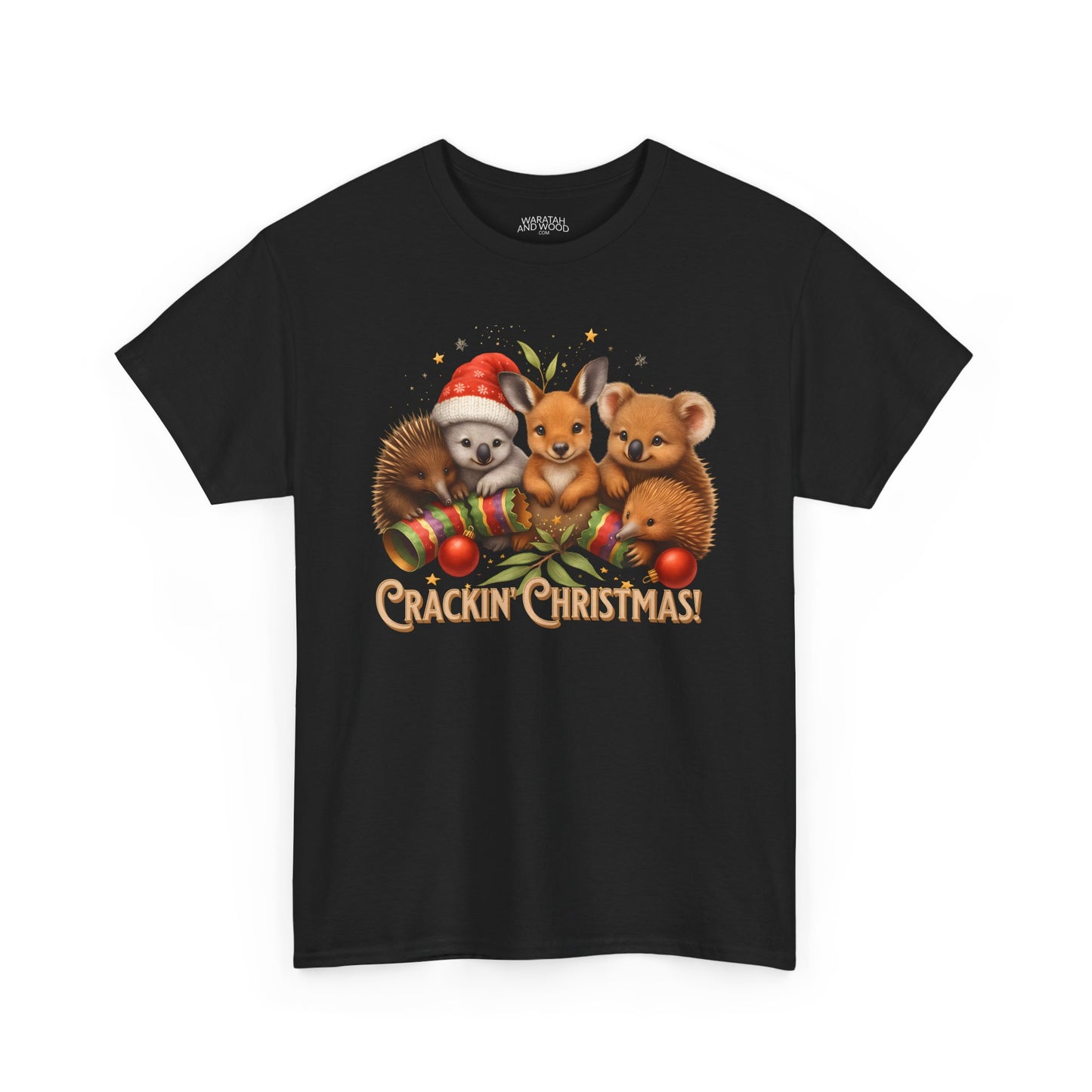 Crackin’ Christmas – Adult T-Shirt | Aussie Wildlife Koala, Kangaroo and Echidna | Gumleaf Gang Festive Friends