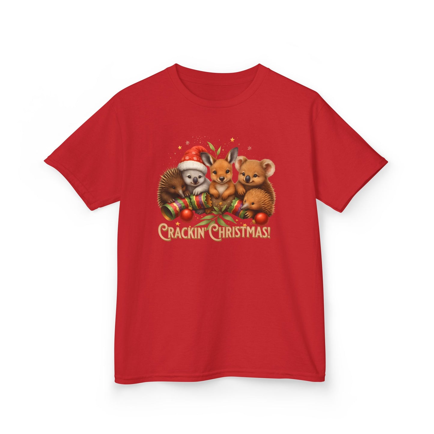 Crackin’ Christmas – Kids T-Shirt | Aussie Wildlife Koala, Kangaroo and Echidna | Gumleaf Gang Festive Friends