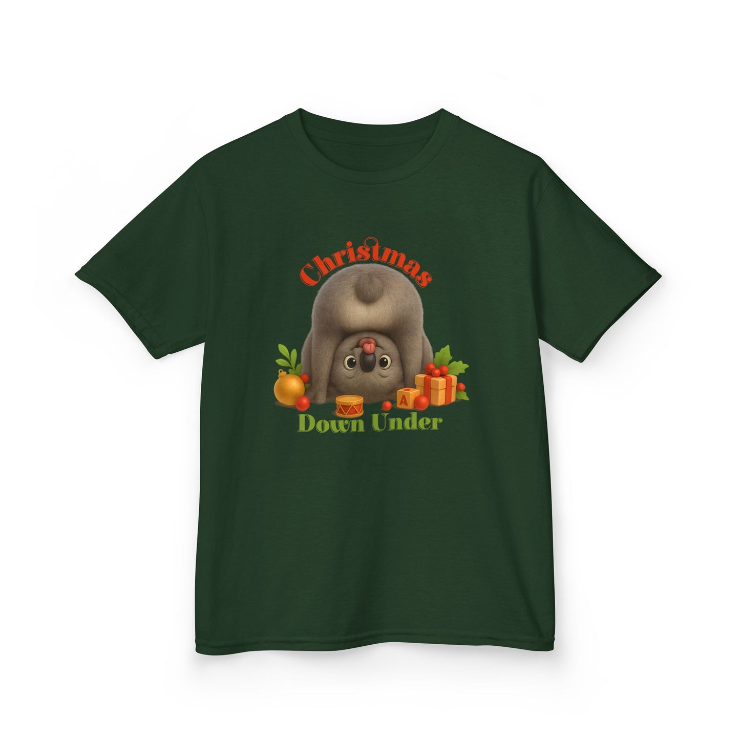 Christmas Down Under – Kids T-Shirt | Upside Down Koala Christmas Design | Gumleaf Gang Festive Friends