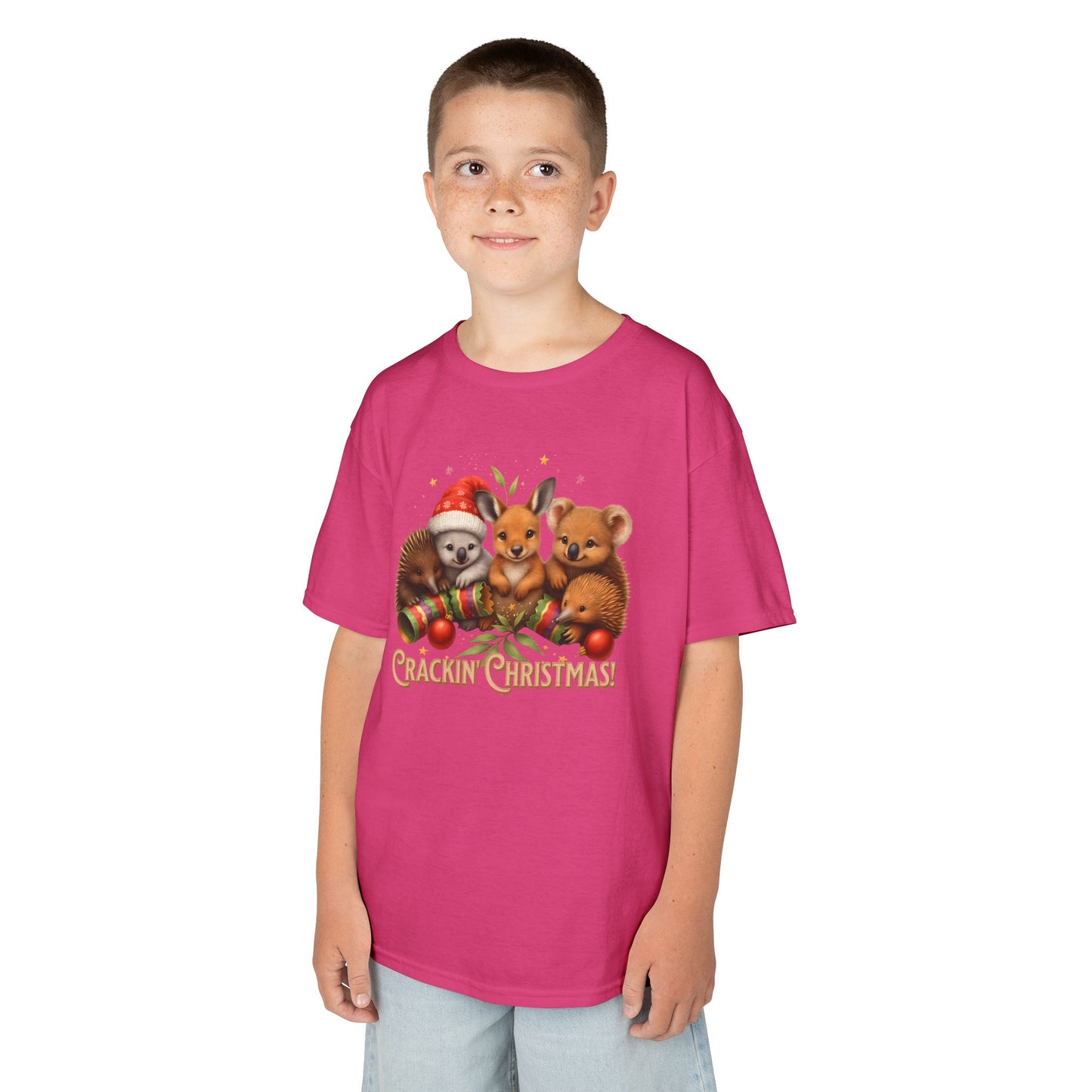 Crackin’ Christmas – Kids T-Shirt | Aussie Wildlife Koala, Kangaroo and Echidna | Gumleaf Gang Festive Friends