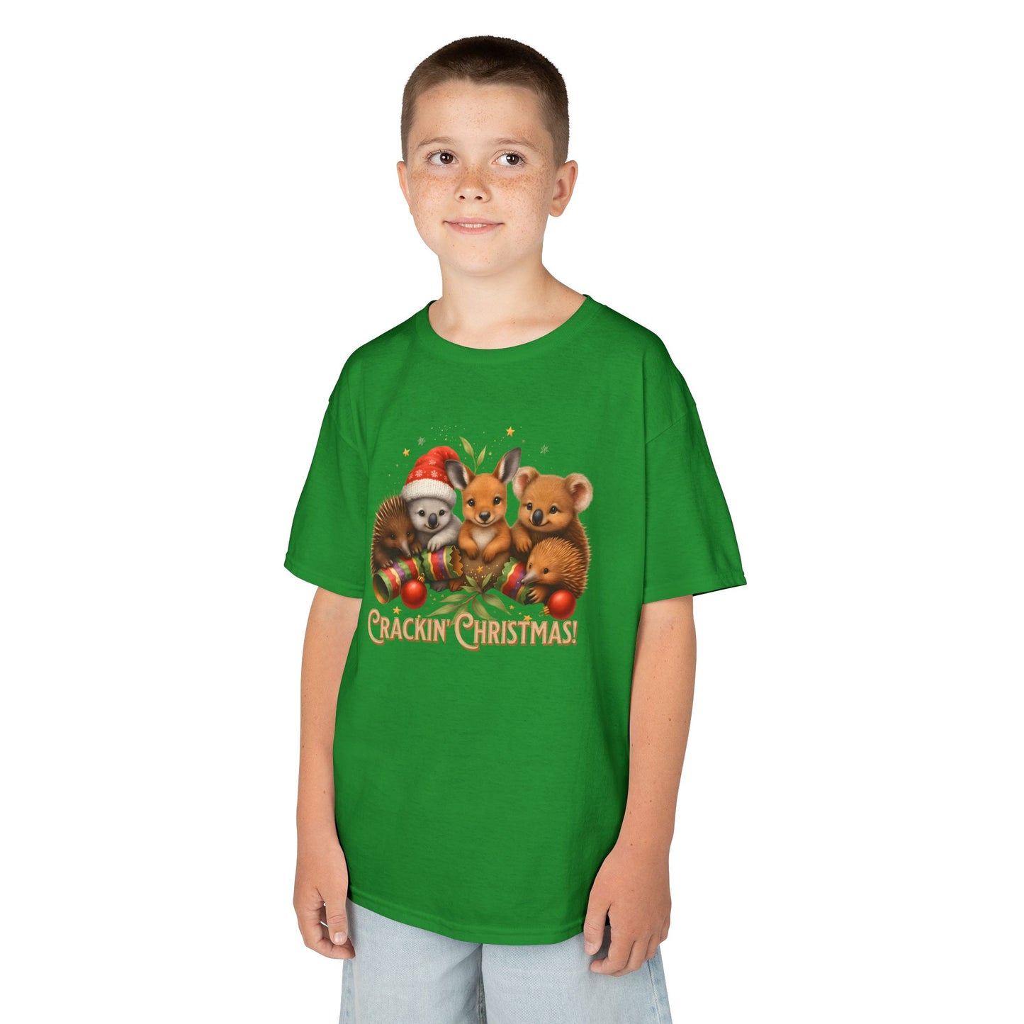 Crackin’ Christmas – Kids T-Shirt | Aussie Wildlife Koala, Kangaroo and Echidna | Gumleaf Gang Festive Friends