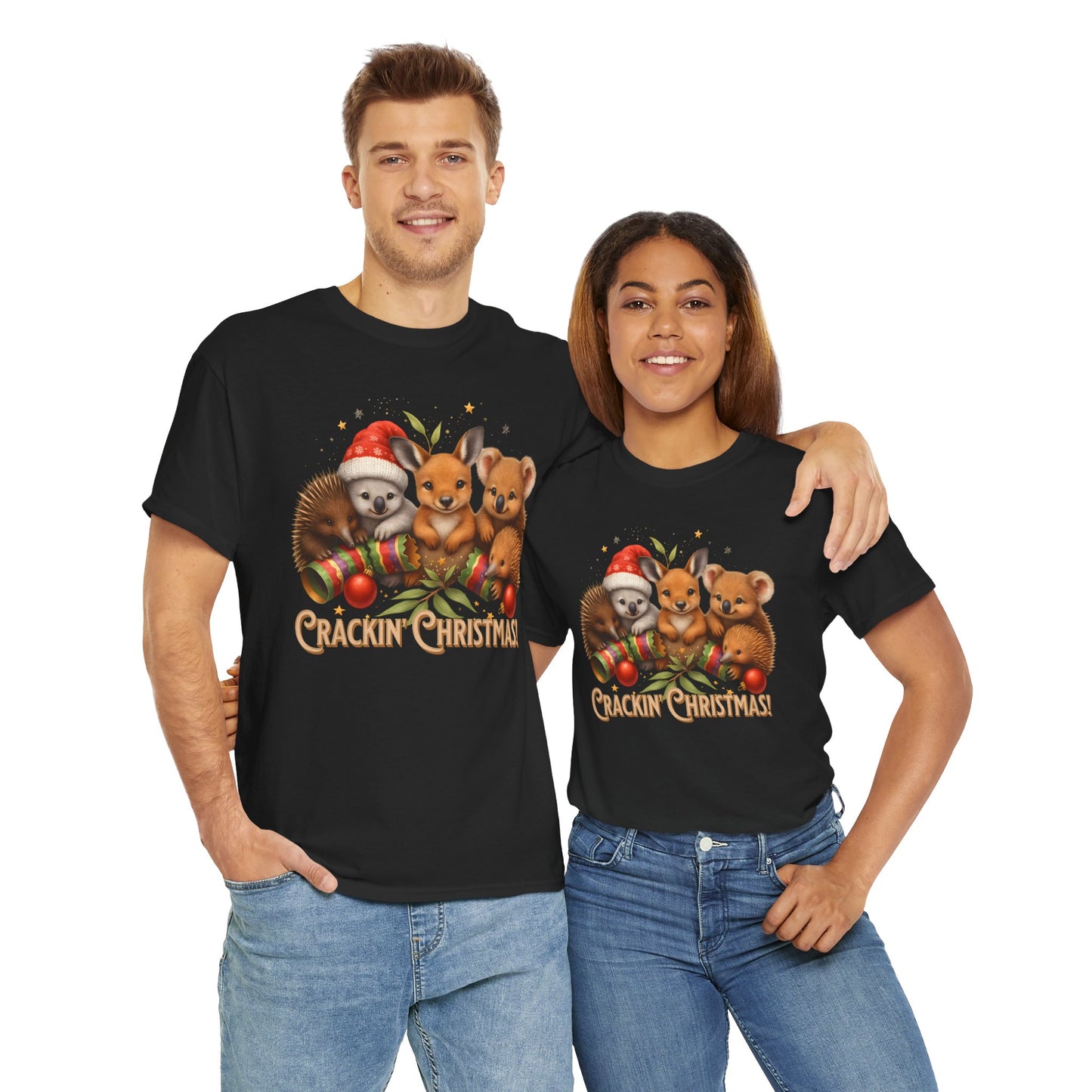 Crackin’ Christmas – Adult T-Shirt | Aussie Wildlife Koala, Kangaroo and Echidna | Gumleaf Gang Festive Friends