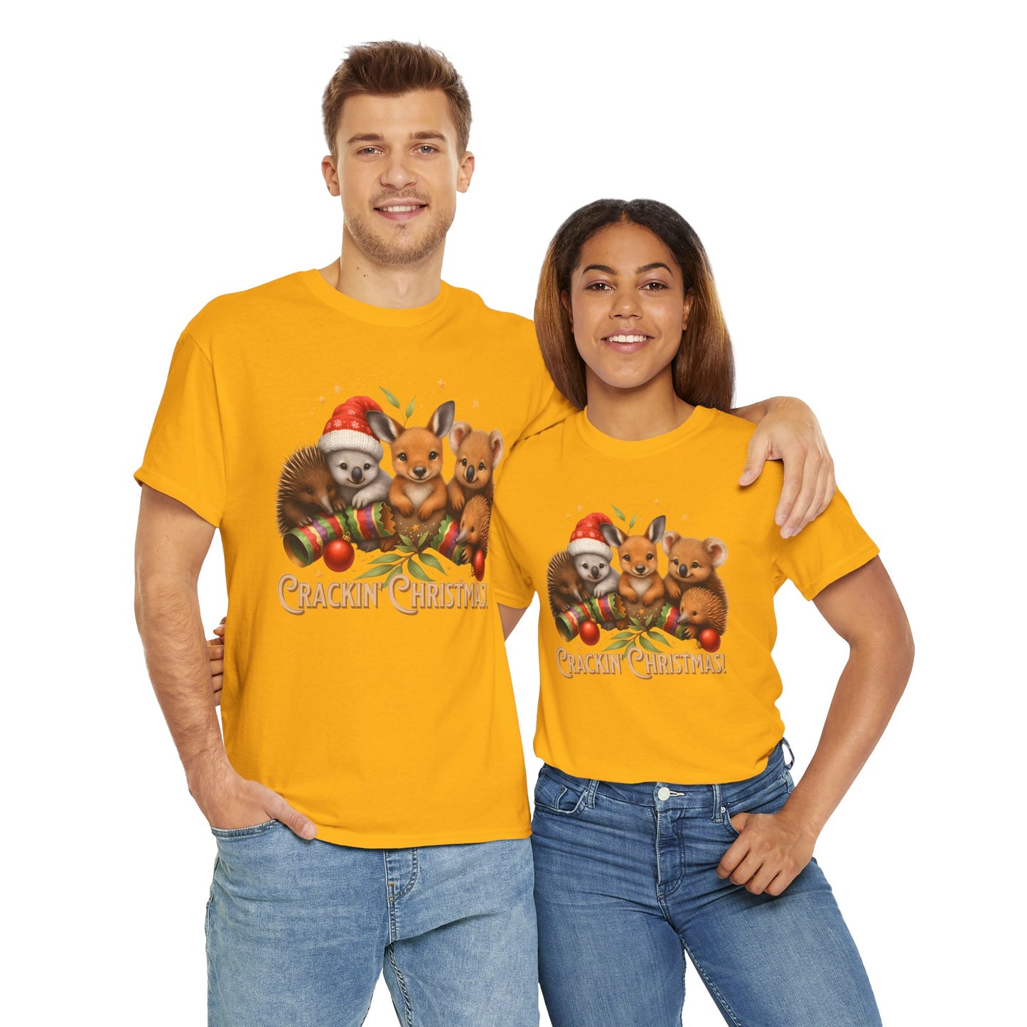 Crackin’ Christmas – Adult T-Shirt | Aussie Wildlife Koala, Kangaroo and Echidna | Gumleaf Gang Festive Friends
