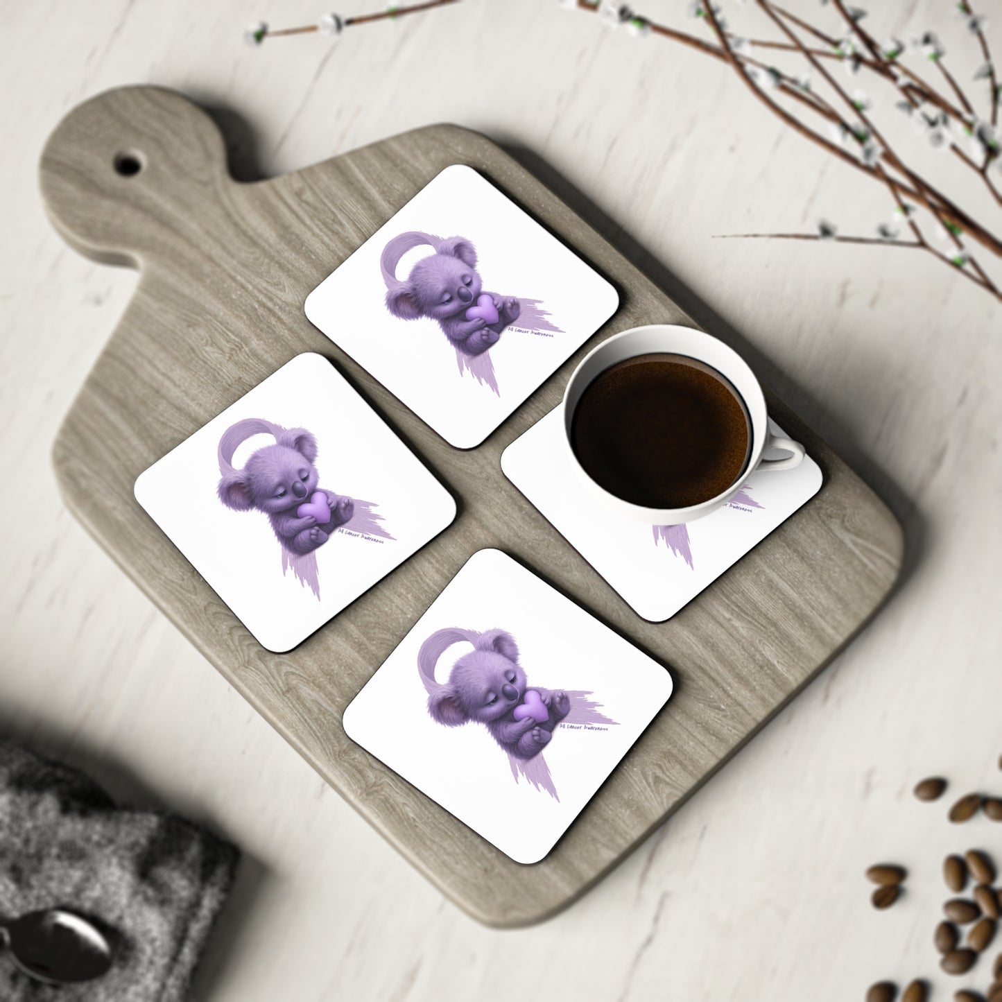 All Cancer Awareness Koala – Lavender Heart  - Set of 4 Coasters | Waratah and Wood Comfort and Courage Collection
