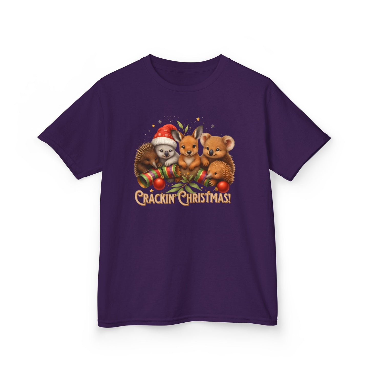 Crackin’ Christmas – Kids T-Shirt | Aussie Wildlife Koala, Kangaroo and Echidna | Gumleaf Gang Festive Friends