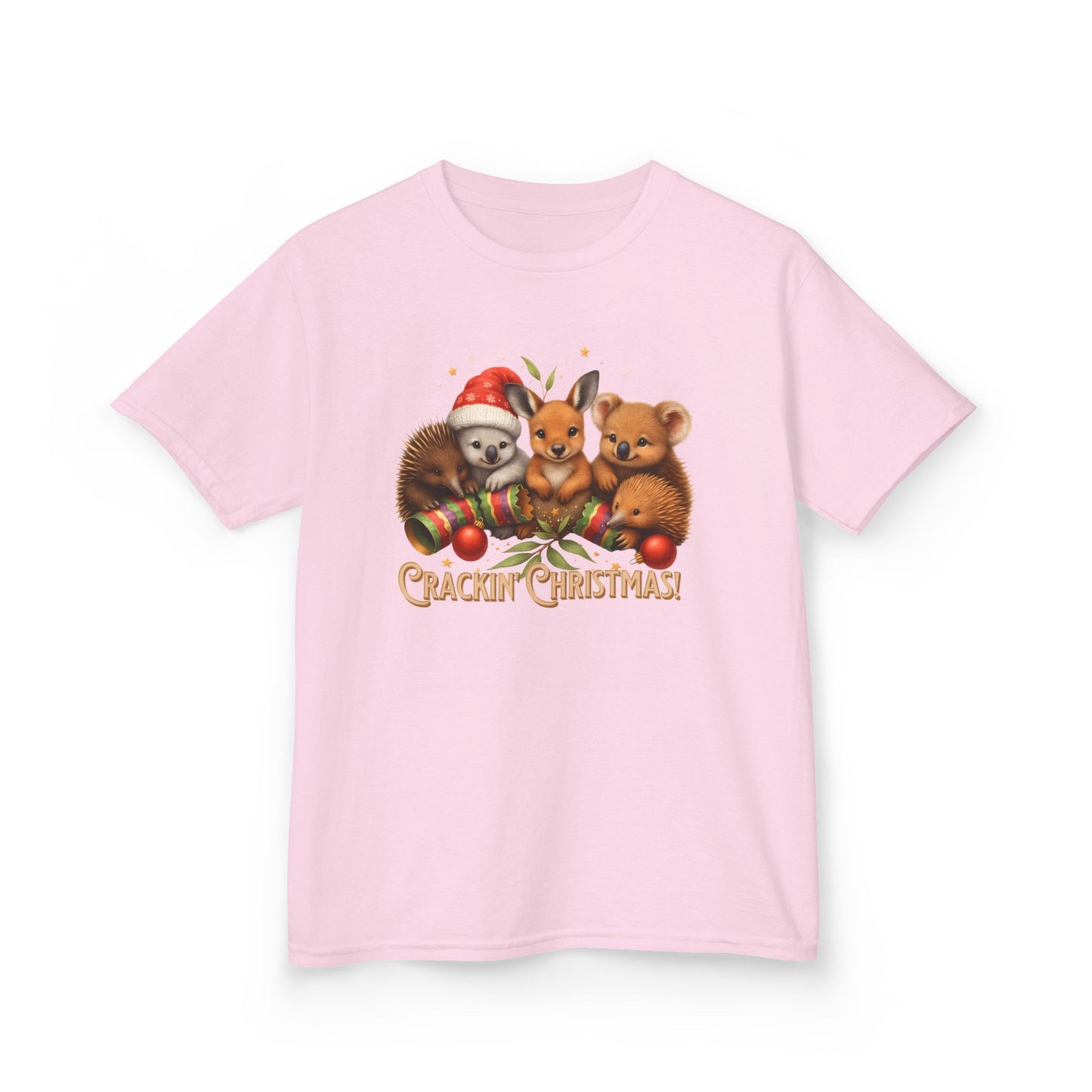 Crackin’ Christmas – Kids T-Shirt | Aussie Wildlife Koala, Kangaroo and Echidna | Gumleaf Gang Festive Friends
