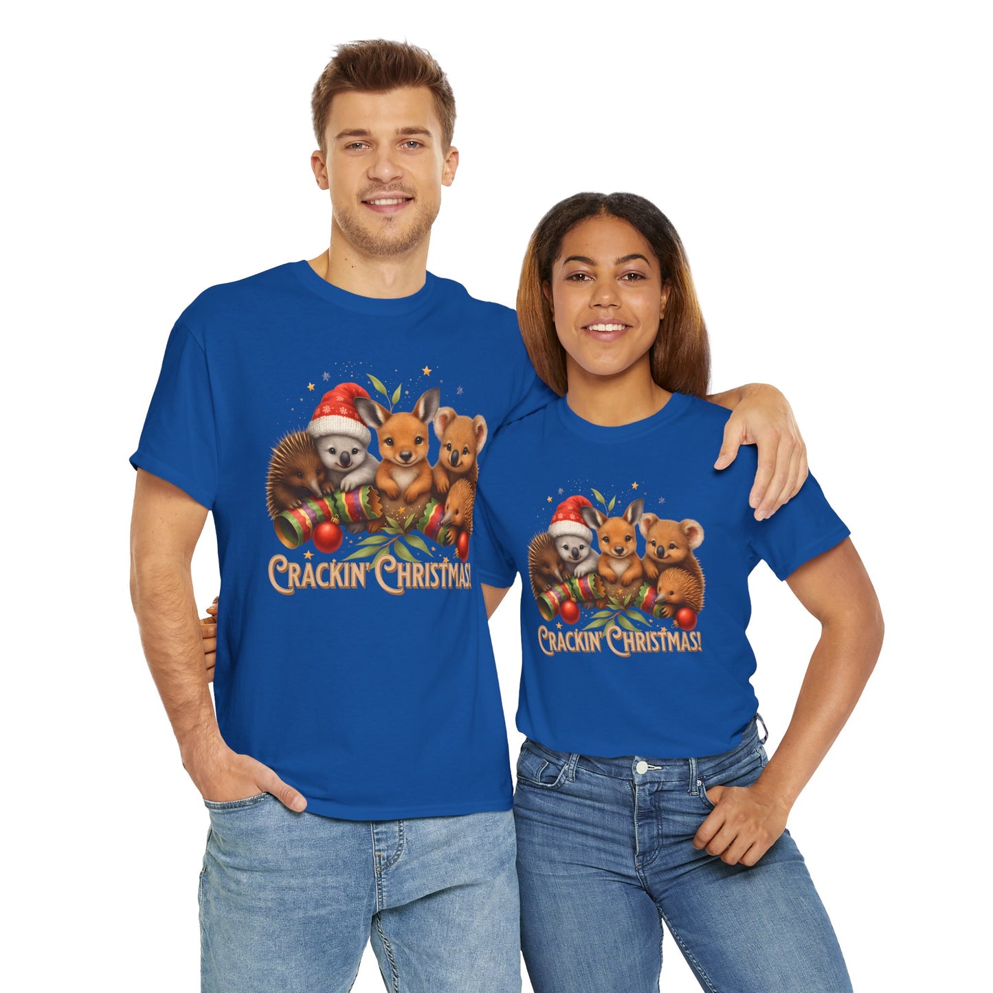 Crackin’ Christmas – Adult T-Shirt | Aussie Wildlife Koala, Kangaroo and Echidna | Gumleaf Gang Festive Friends