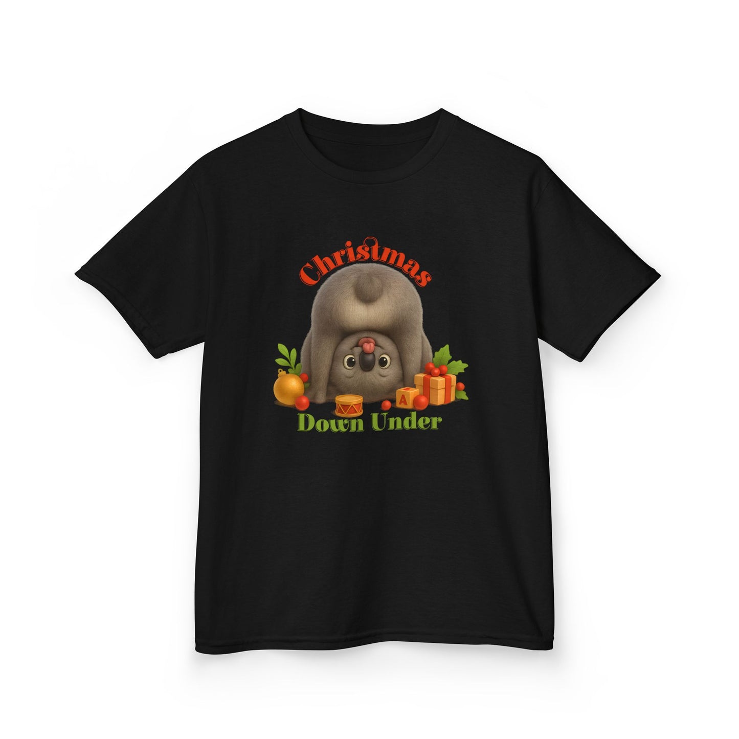 Christmas Down Under – Kids T-Shirt | Upside Down Koala Christmas Design | Gumleaf Gang Festive Friends
