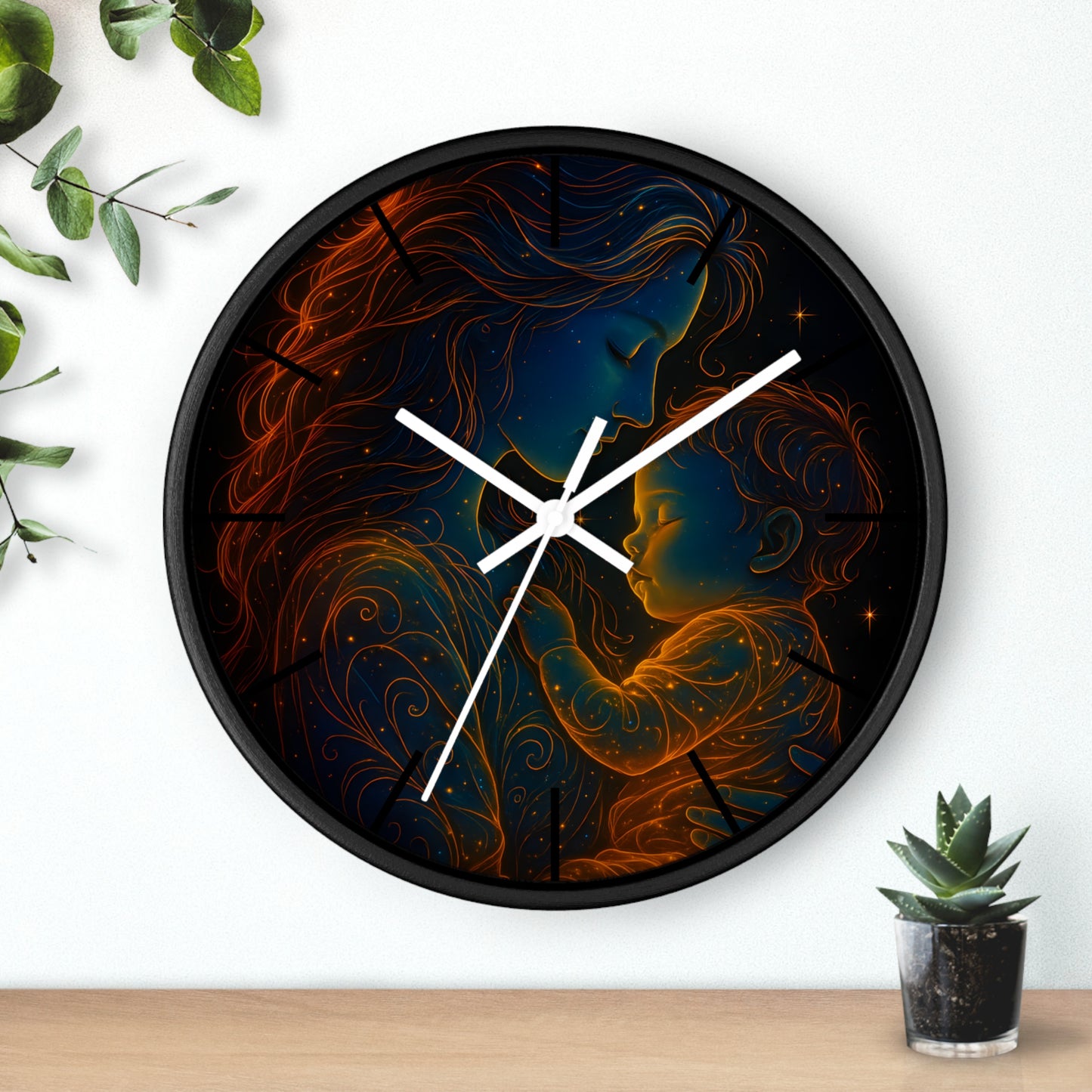 Celestial Mother and Child – Luminous Wall Clock | Cosmic Love Art | Waratah and Wood Glowing Family Decor