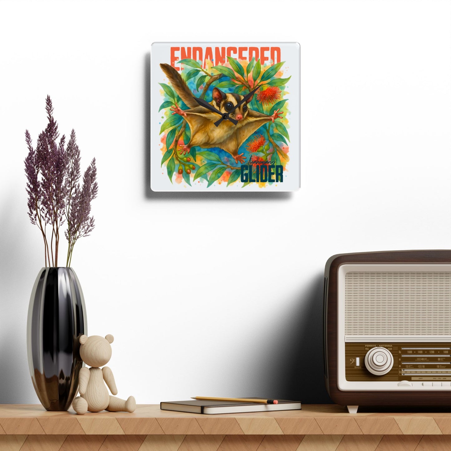 Endangered Mahogany Glider – Square Wall Clock | Australian Wildlife Conservation Design | Waratah and Wood Hearts and Habitats
