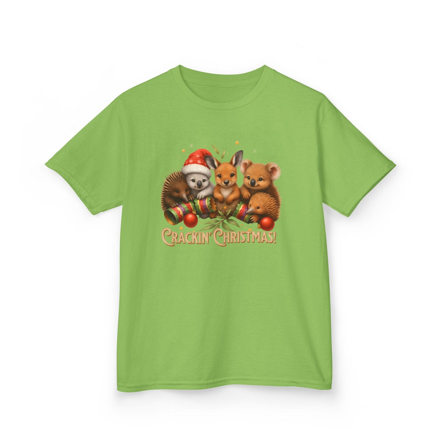 Crackin’ Christmas – Kids T-Shirt | Aussie Wildlife Koala, Kangaroo and Echidna | Gumleaf Gang Festive Friends