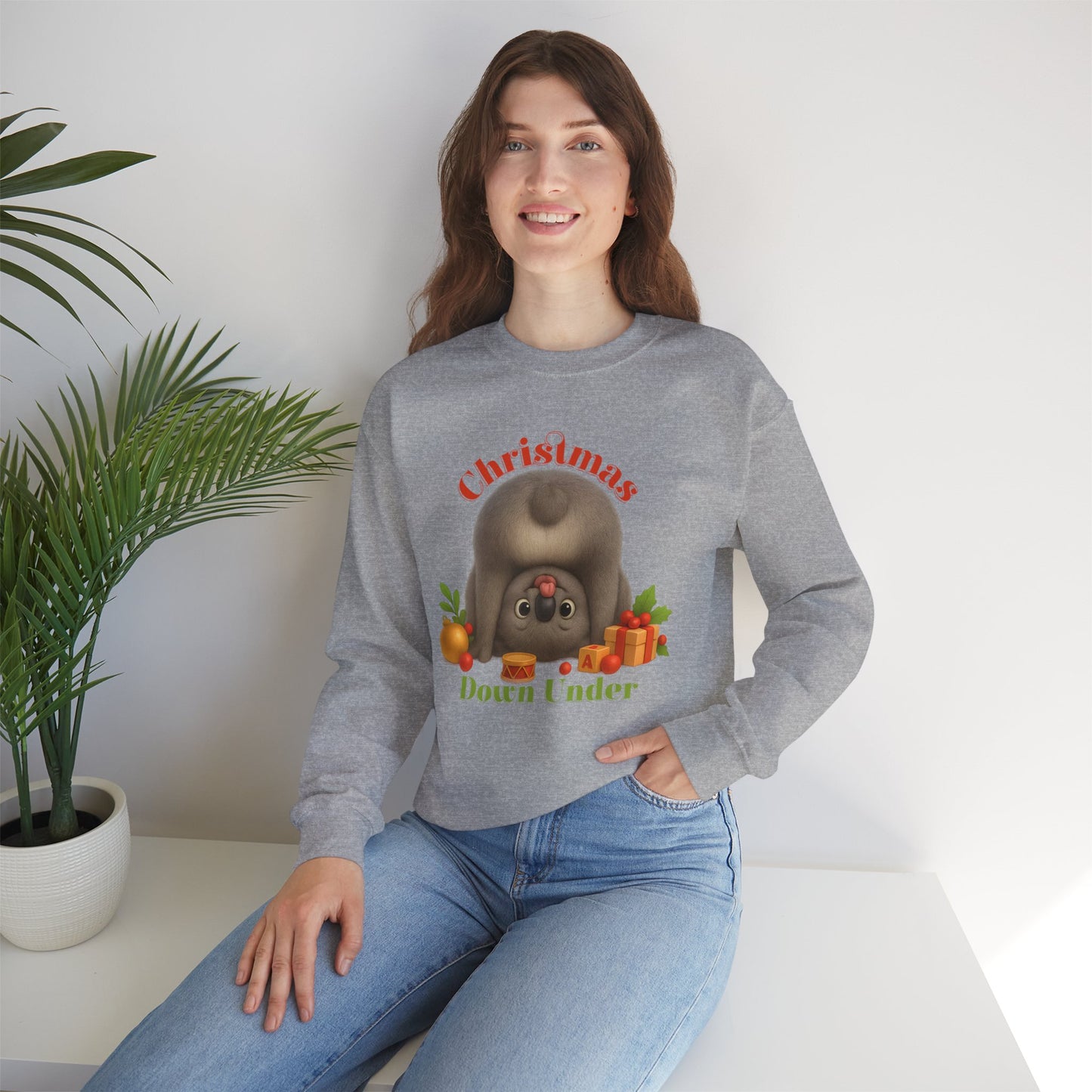 Christmas Down Under – Adult Sweatshirt | Upside Down Koala Christmas Design | Gumleaf Gang Festive Friends