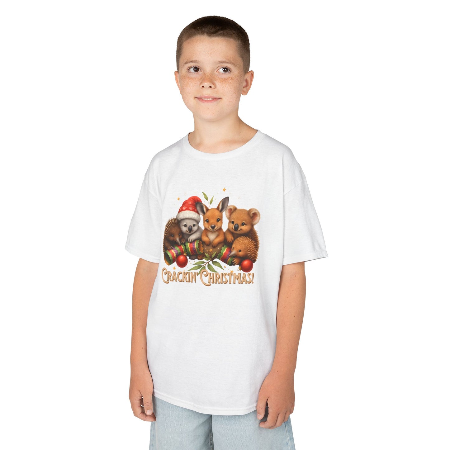 Crackin’ Christmas – Kids T-Shirt | Aussie Wildlife Koala, Kangaroo and Echidna | Gumleaf Gang Festive Friends