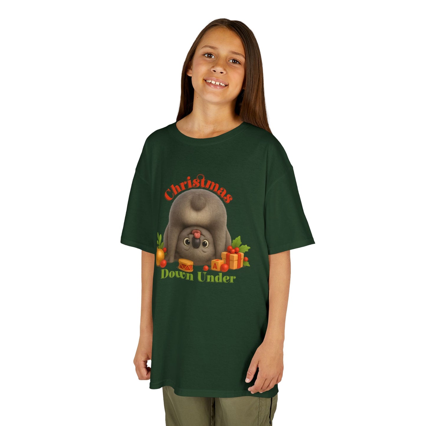 Christmas Down Under – Kids T-Shirt | Upside Down Koala Christmas Design | Gumleaf Gang Festive Friends