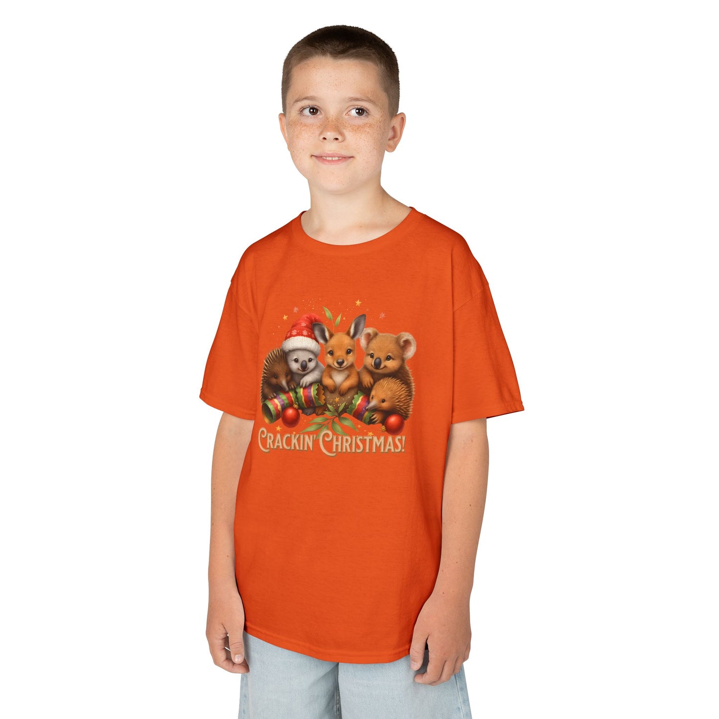 Crackin’ Christmas – Kids T-Shirt | Aussie Wildlife Koala, Kangaroo and Echidna | Gumleaf Gang Festive Friends