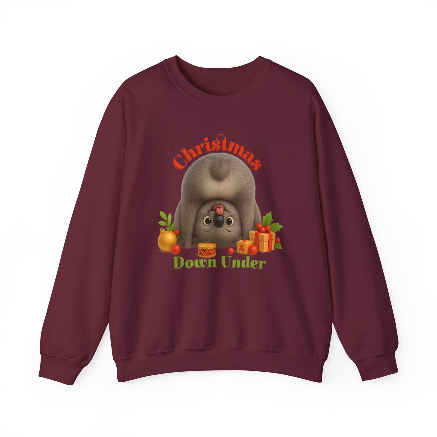 Christmas Down Under – Adult Sweatshirt | Upside Down Koala Christmas Design | Gumleaf Gang Festive Friends