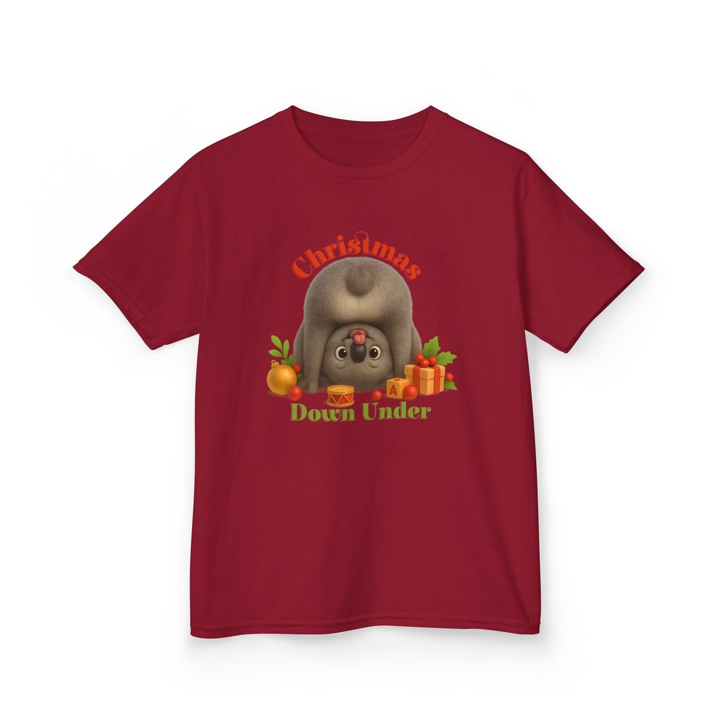 Christmas Down Under – Kids T-Shirt | Upside Down Koala Christmas Design | Gumleaf Gang Festive Friends