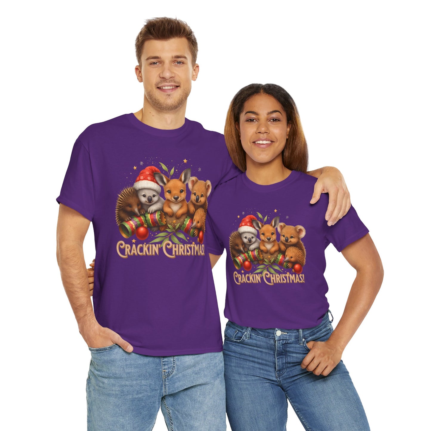 Crackin’ Christmas – Adult T-Shirt | Aussie Wildlife Koala, Kangaroo and Echidna | Gumleaf Gang Festive Friends