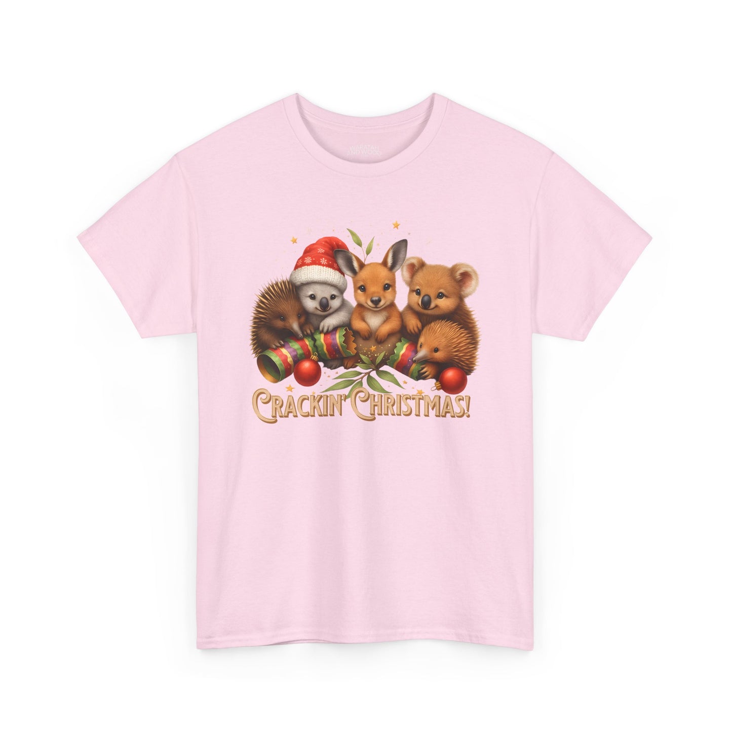 Crackin’ Christmas – Adult T-Shirt | Aussie Wildlife Koala, Kangaroo and Echidna | Gumleaf Gang Festive Friends