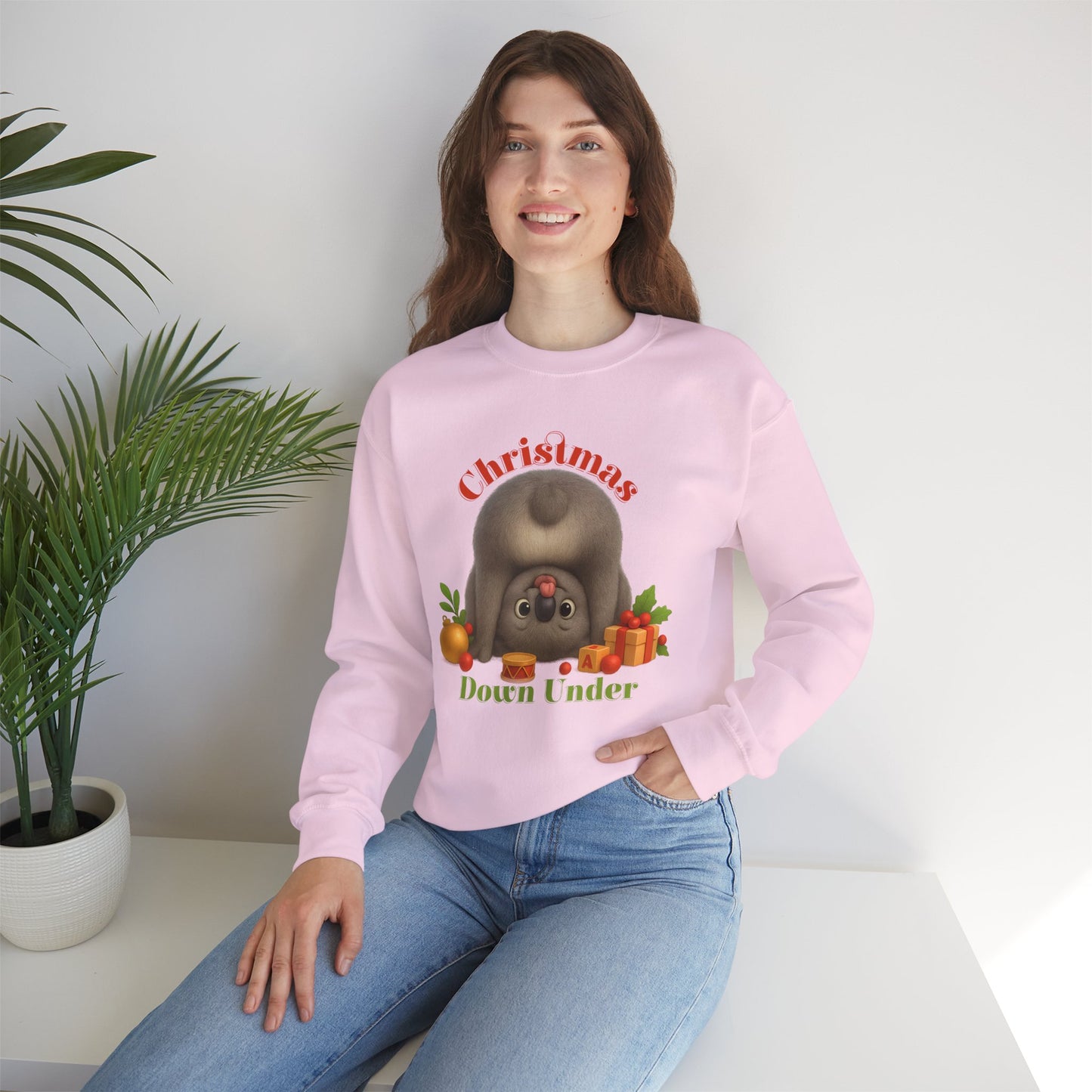 Christmas Down Under – Adult Sweatshirt | Upside Down Koala Christmas Design | Gumleaf Gang Festive Friends