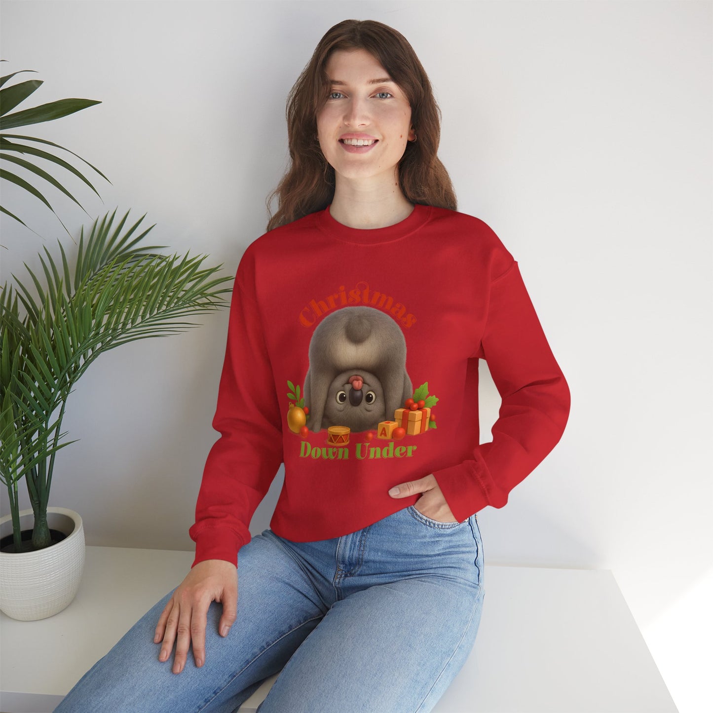 Christmas Down Under – Adult Sweatshirt | Upside Down Koala Christmas Design | Gumleaf Gang Festive Friends