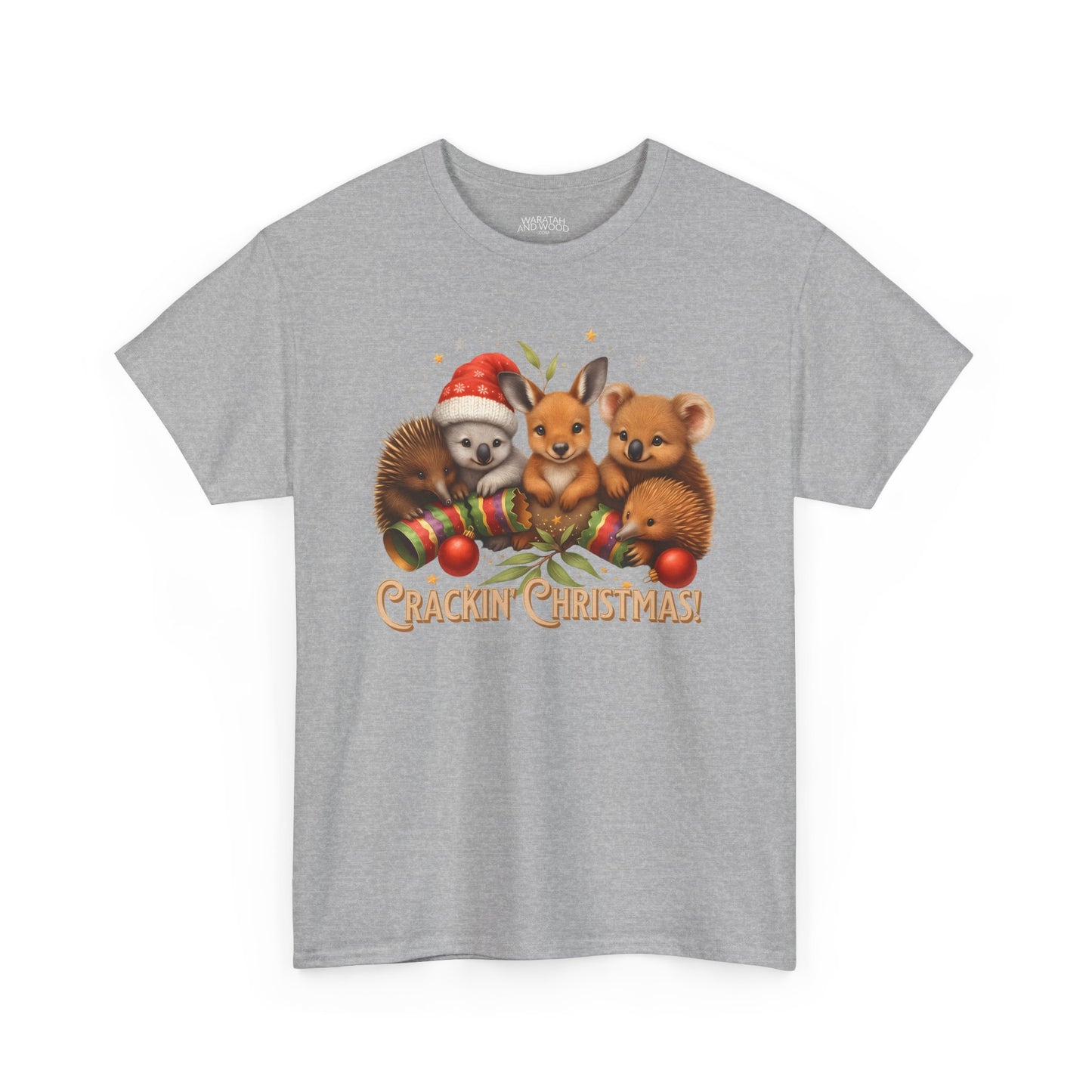 Crackin’ Christmas – Adult T-Shirt | Aussie Wildlife Koala, Kangaroo and Echidna | Gumleaf Gang Festive Friends