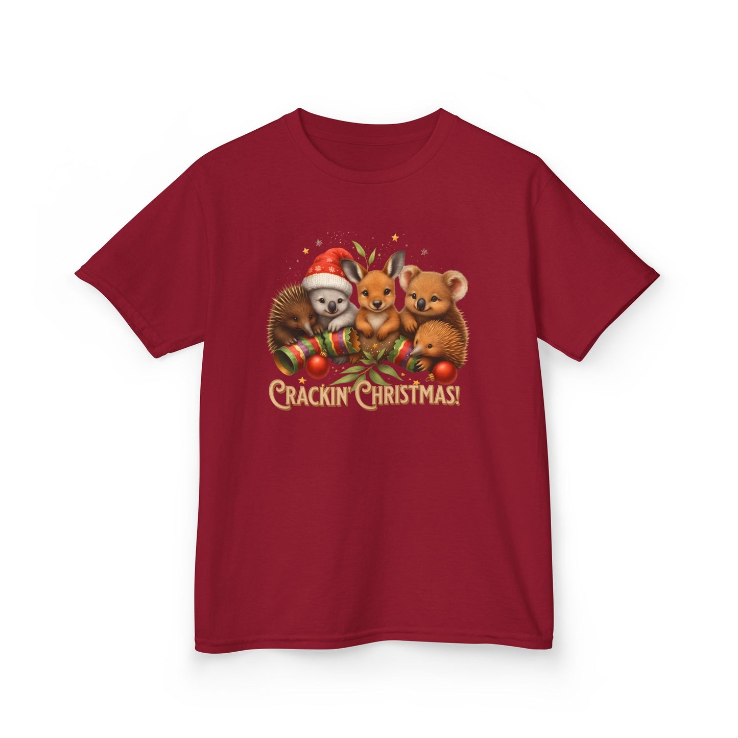 Crackin’ Christmas – Kids T-Shirt | Aussie Wildlife Koala, Kangaroo and Echidna | Gumleaf Gang Festive Friends