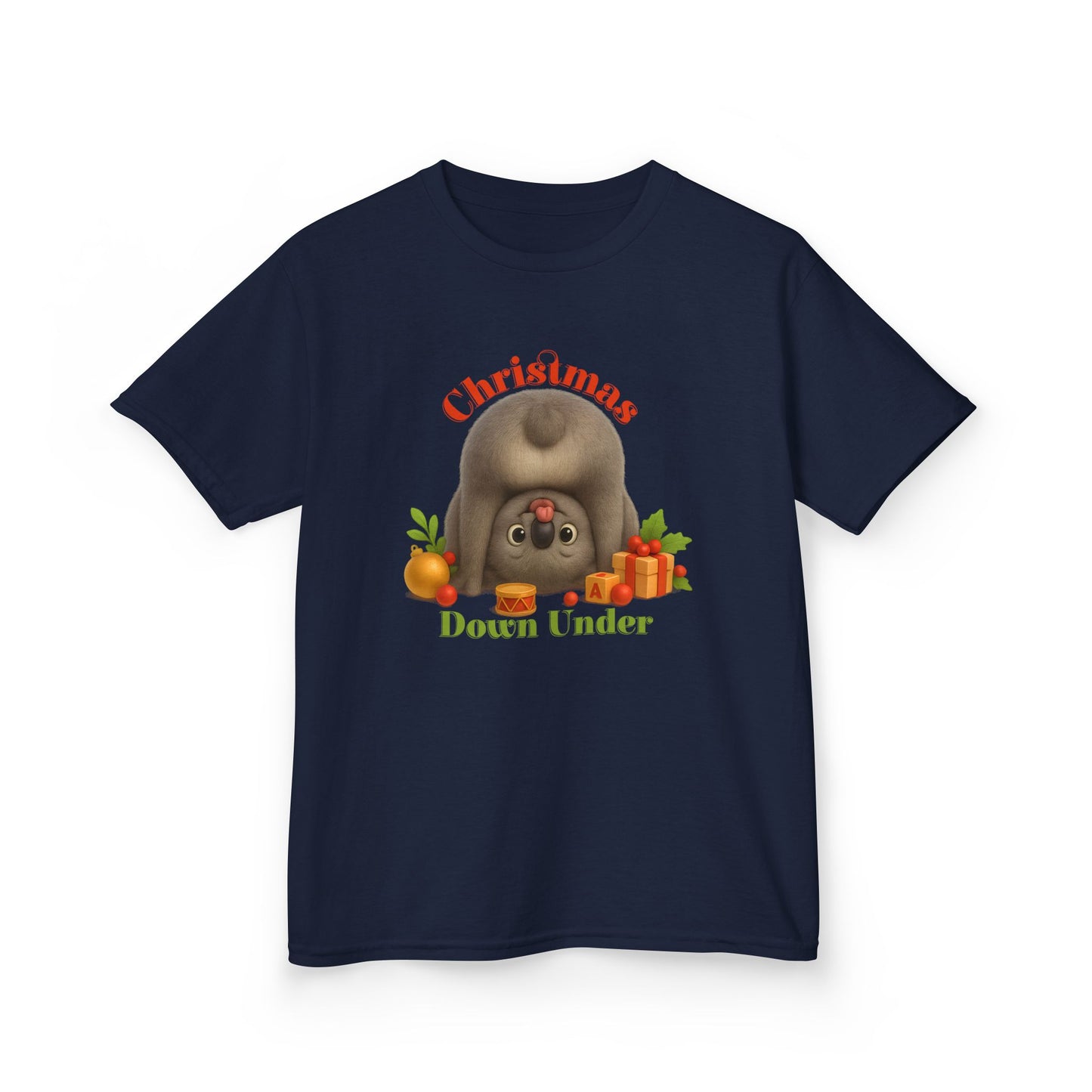 Christmas Down Under – Kids T-Shirt | Upside Down Koala Christmas Design | Gumleaf Gang Festive Friends