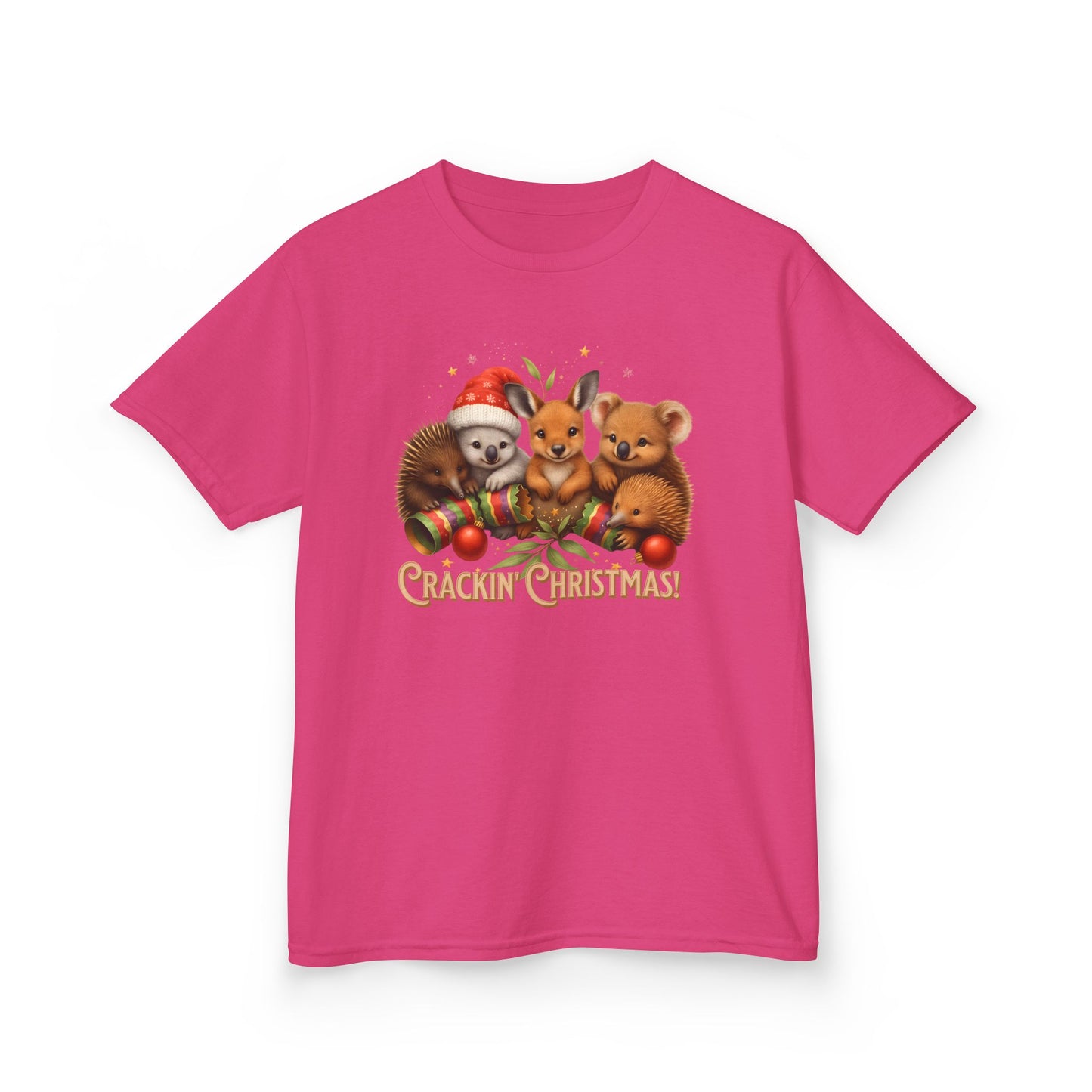 Crackin’ Christmas – Kids T-Shirt | Aussie Wildlife Koala, Kangaroo and Echidna | Gumleaf Gang Festive Friends