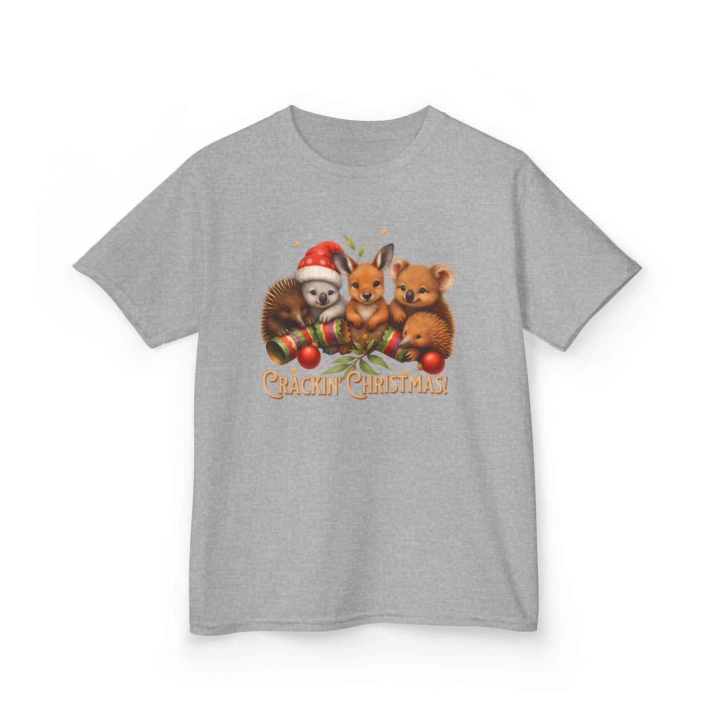 Crackin’ Christmas – Kids T-Shirt | Aussie Wildlife Koala, Kangaroo and Echidna | Gumleaf Gang Festive Friends