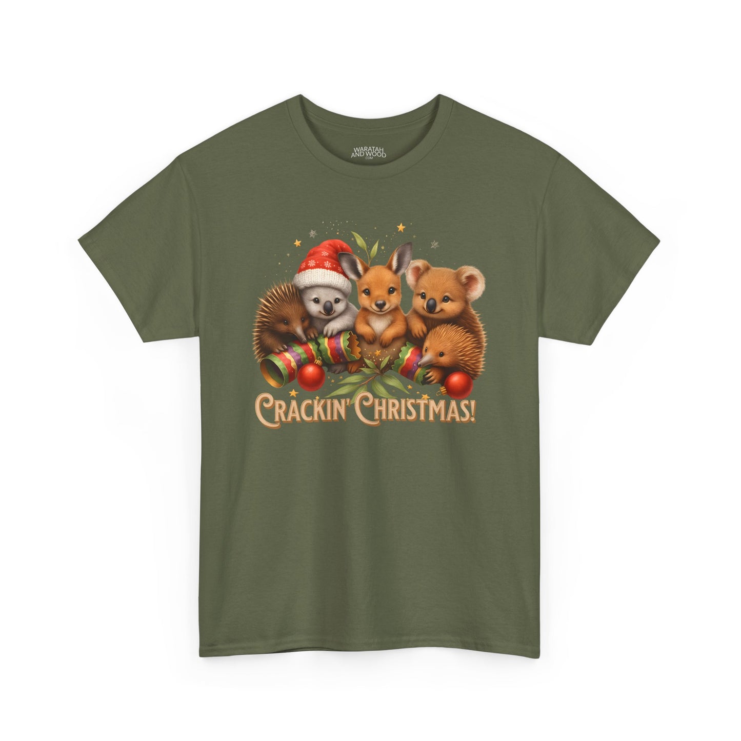 Crackin’ Christmas – Adult T-Shirt | Aussie Wildlife Koala, Kangaroo and Echidna | Gumleaf Gang Festive Friends