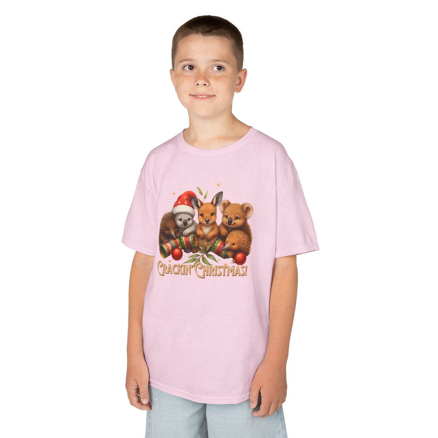 Crackin’ Christmas – Kids T-Shirt | Aussie Wildlife Koala, Kangaroo and Echidna | Gumleaf Gang Festive Friends