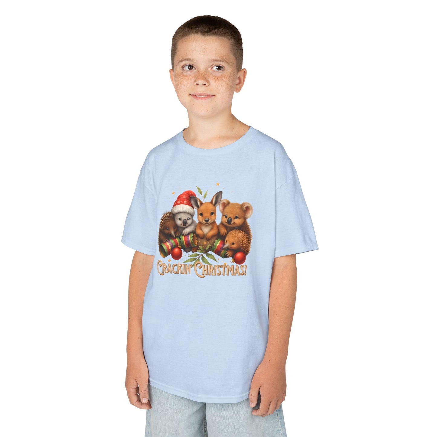Crackin’ Christmas – Kids T-Shirt | Aussie Wildlife Koala, Kangaroo and Echidna | Gumleaf Gang Festive Friends