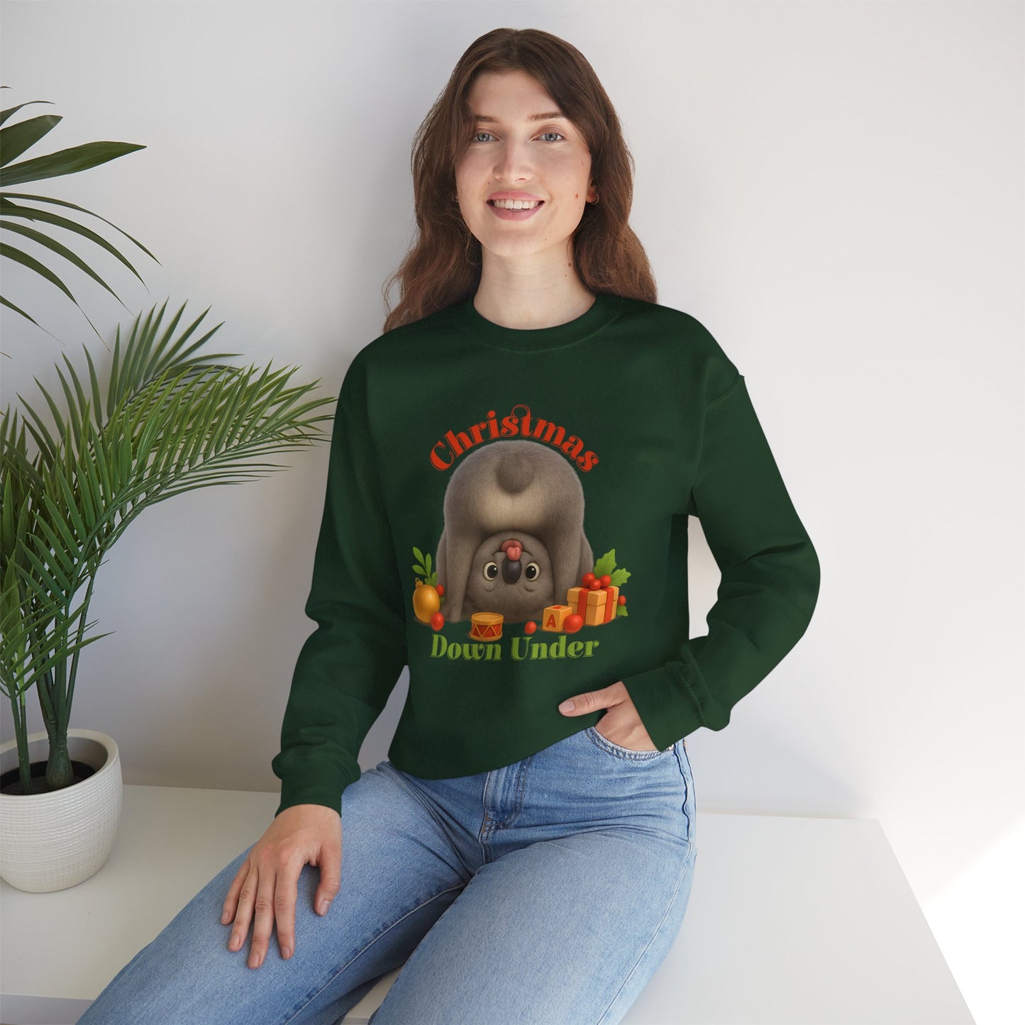 Christmas Down Under – Adult Sweatshirt | Upside Down Koala Christmas Design | Gumleaf Gang Festive Friends