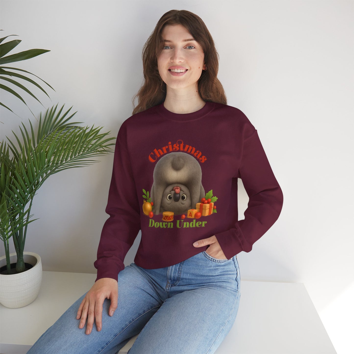 Christmas Down Under – Adult Sweatshirt | Upside Down Koala Christmas Design | Gumleaf Gang Festive Friends