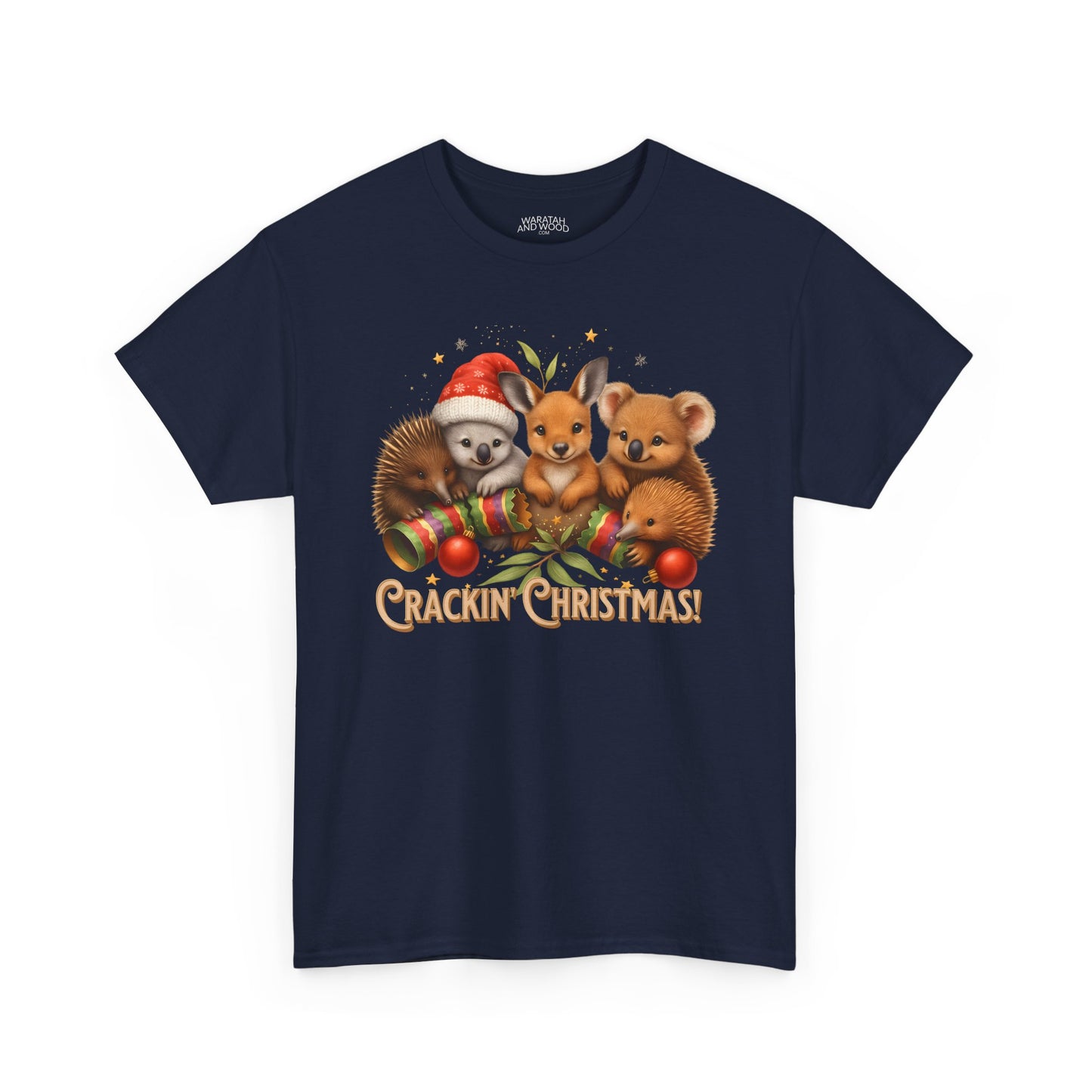 Crackin’ Christmas – Adult T-Shirt | Aussie Wildlife Koala, Kangaroo and Echidna | Gumleaf Gang Festive Friends