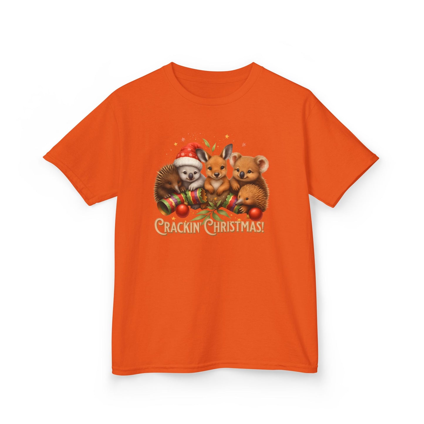 Crackin’ Christmas – Kids T-Shirt | Aussie Wildlife Koala, Kangaroo and Echidna | Gumleaf Gang Festive Friends