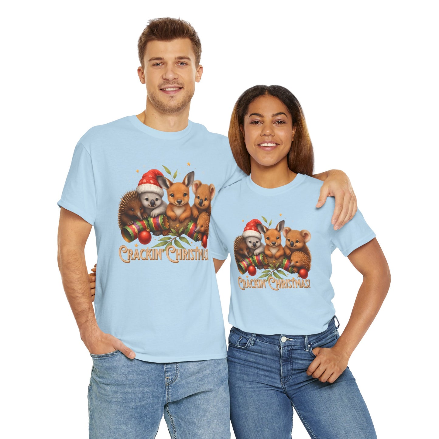 Crackin’ Christmas – Adult T-Shirt | Aussie Wildlife Koala, Kangaroo and Echidna | Gumleaf Gang Festive Friends
