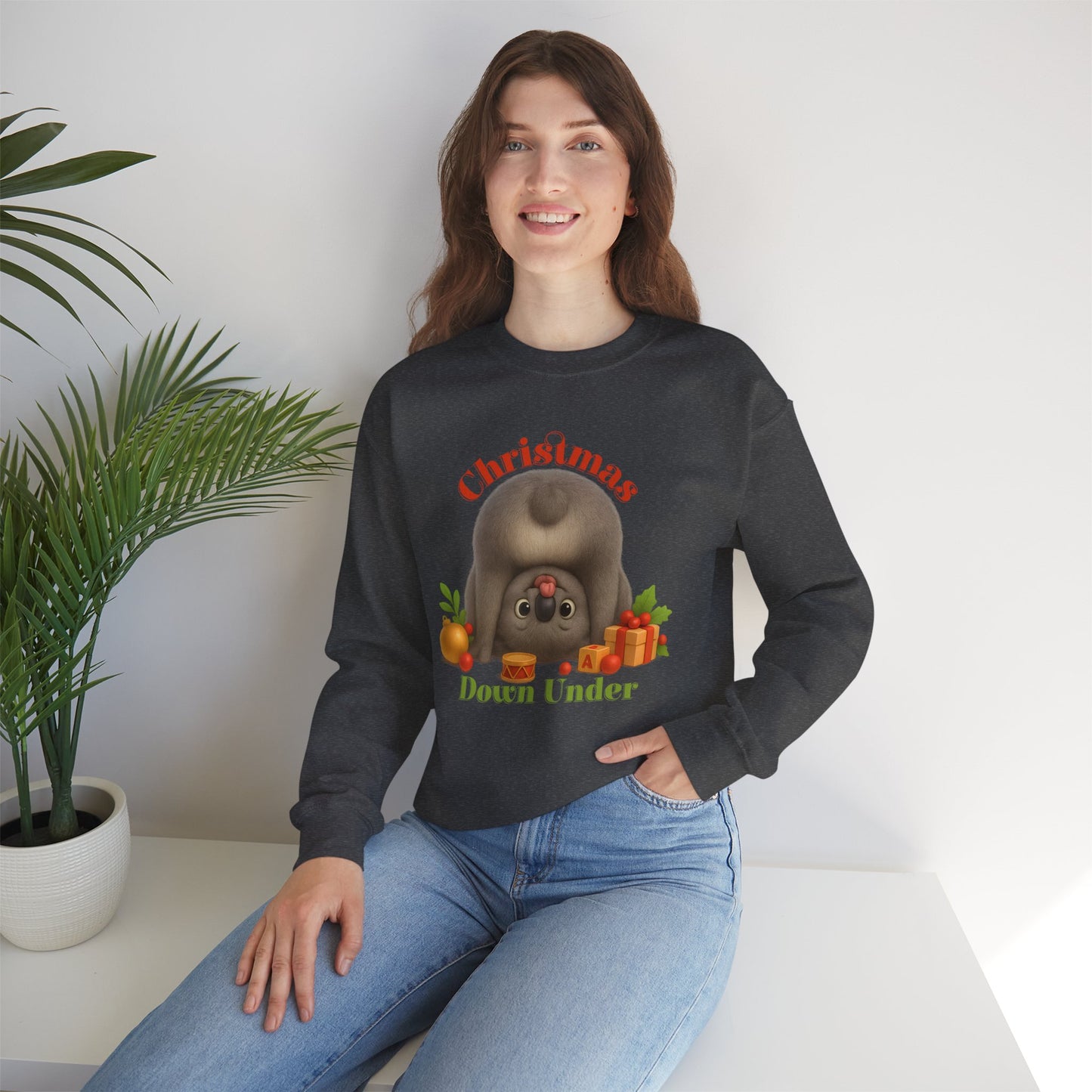 Christmas Down Under – Adult Sweatshirt | Upside Down Koala Christmas Design | Gumleaf Gang Festive Friends