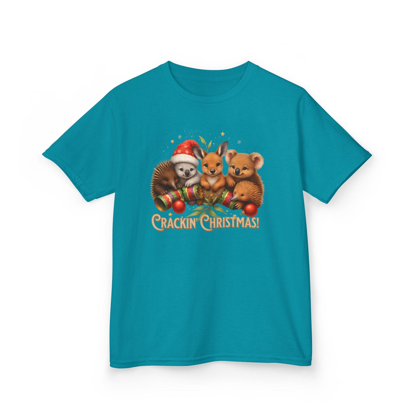 Crackin’ Christmas – Kids T-Shirt | Aussie Wildlife Koala, Kangaroo and Echidna | Gumleaf Gang Festive Friends