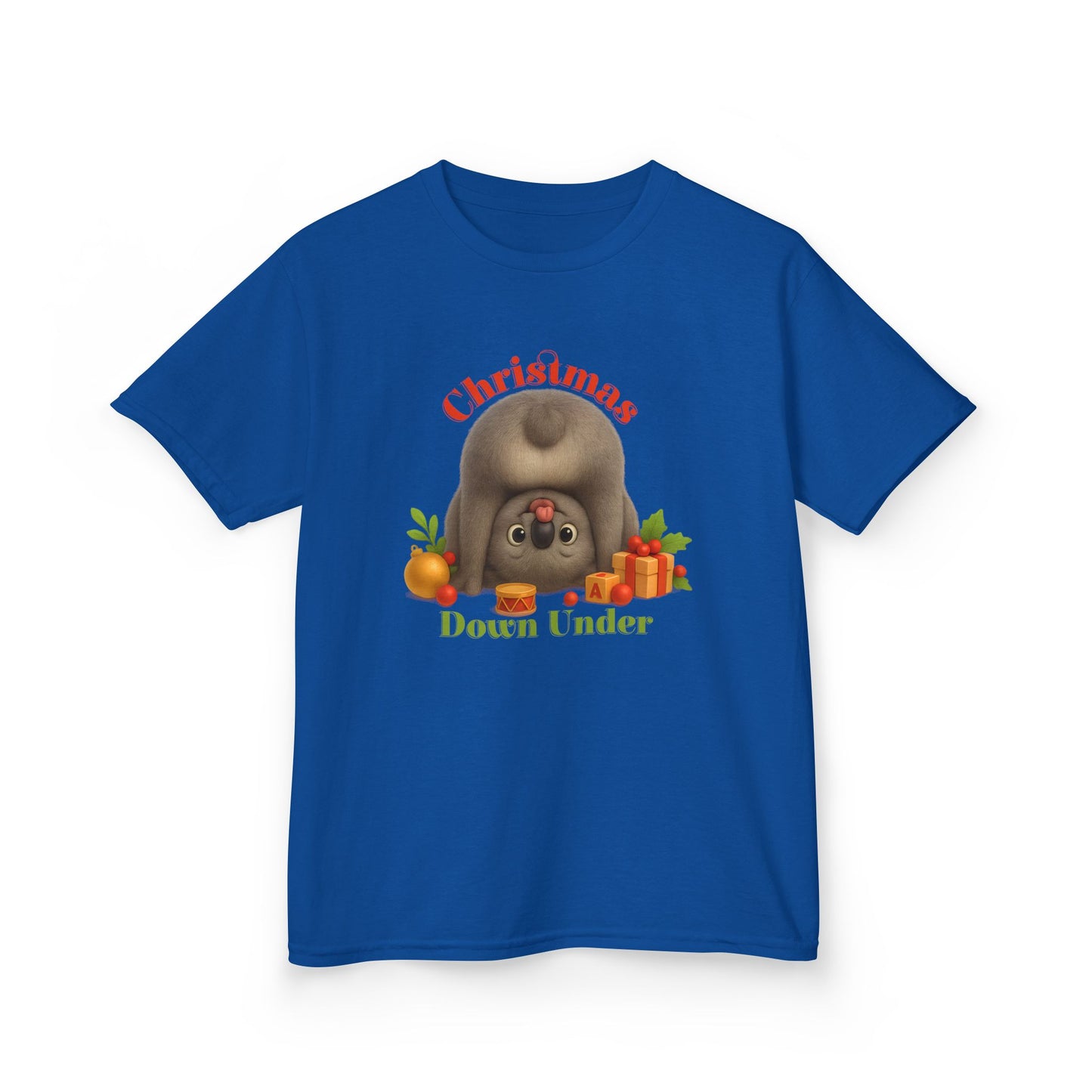 Christmas Down Under – Kids T-Shirt | Upside Down Koala Christmas Design | Gumleaf Gang Festive Friends
